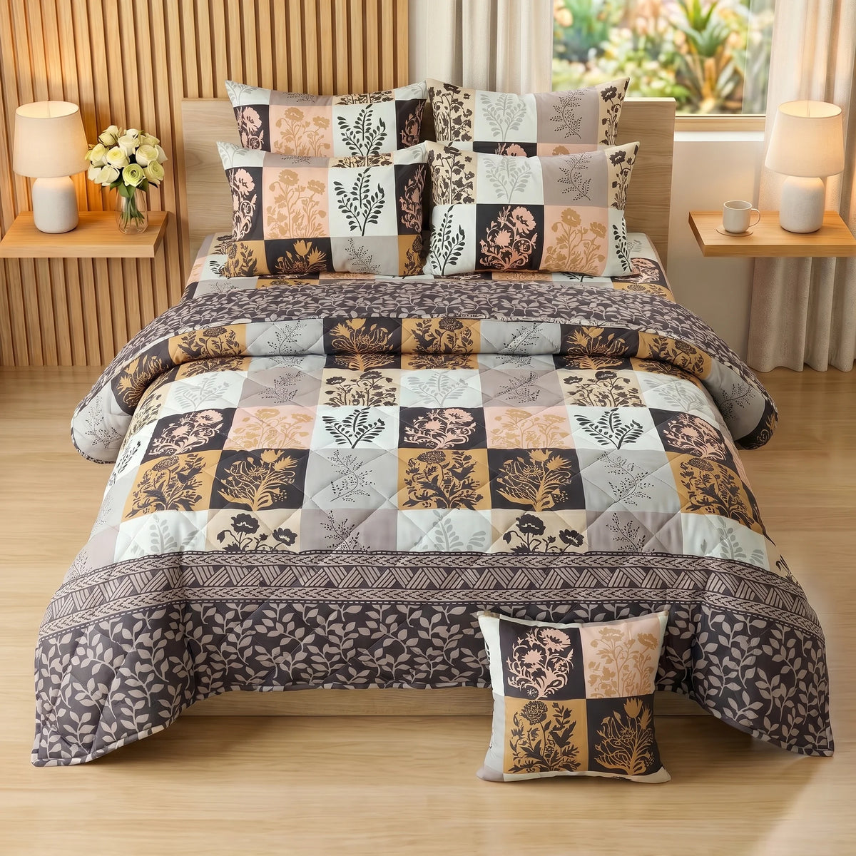 Earthy Taupe & Charcoal Botanical Comforter Set — 8 PCS