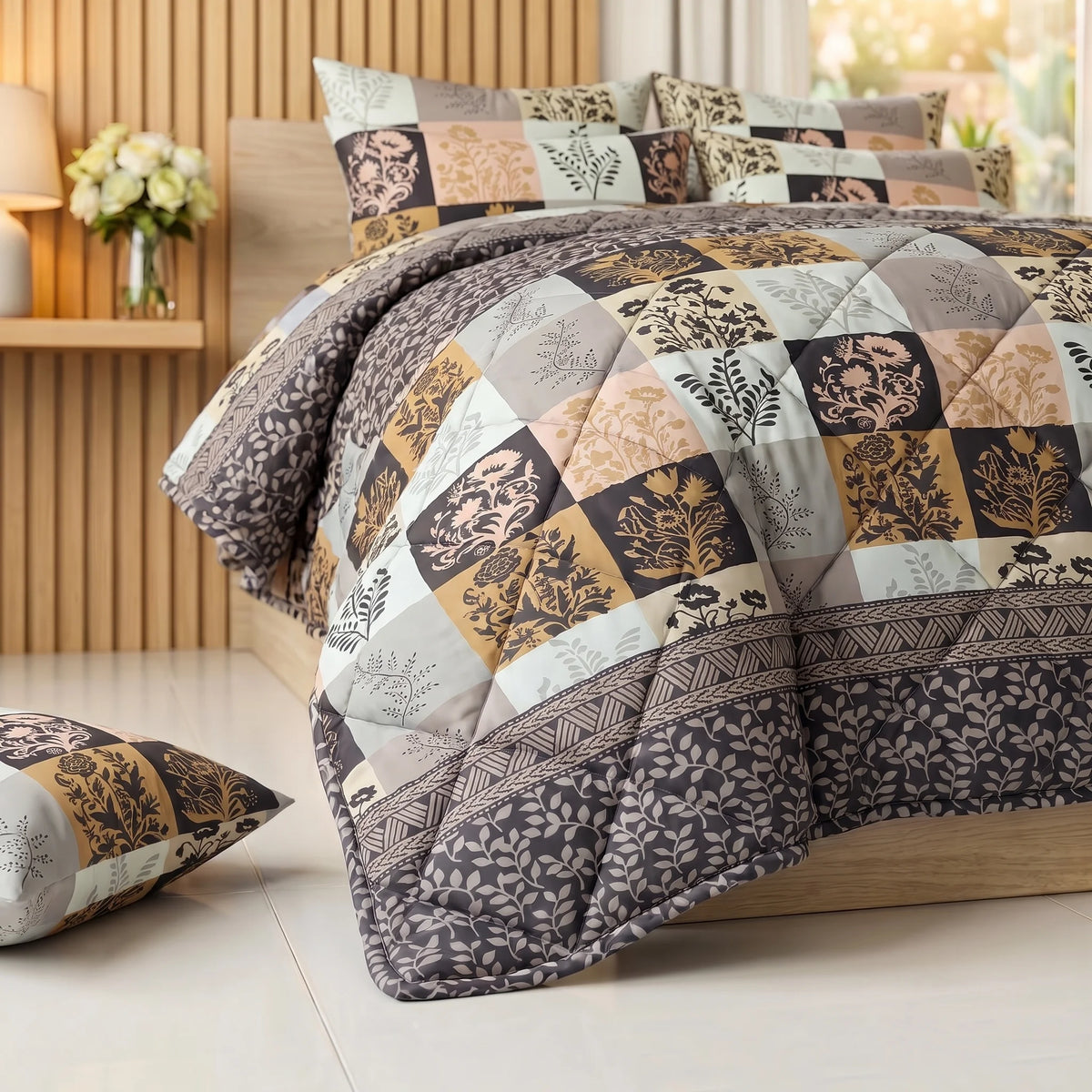 Earthy Taupe & Charcoal Botanical Comforter Set — 8 PCS