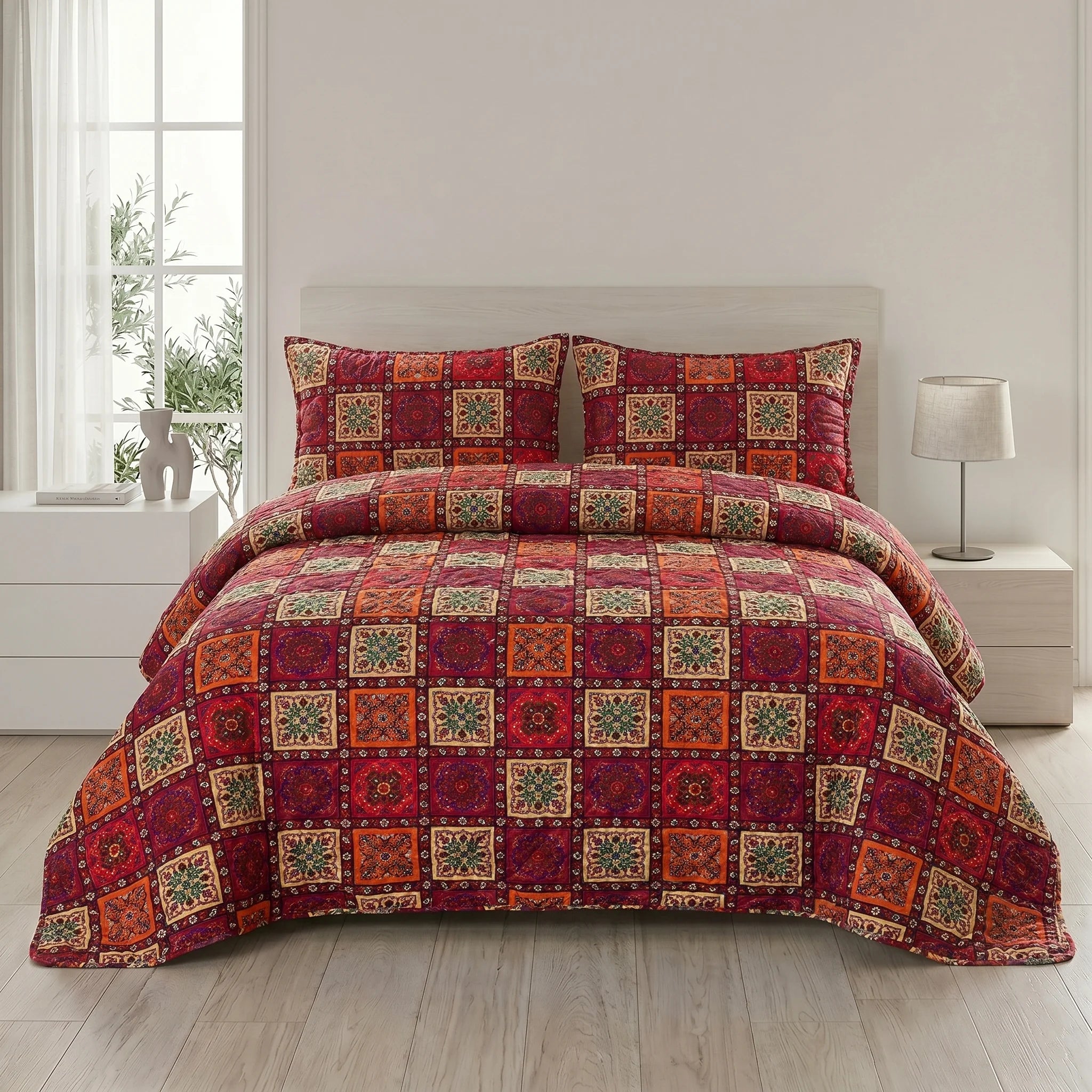 Ethnic Tile Bed Spread Set — 3 PCS