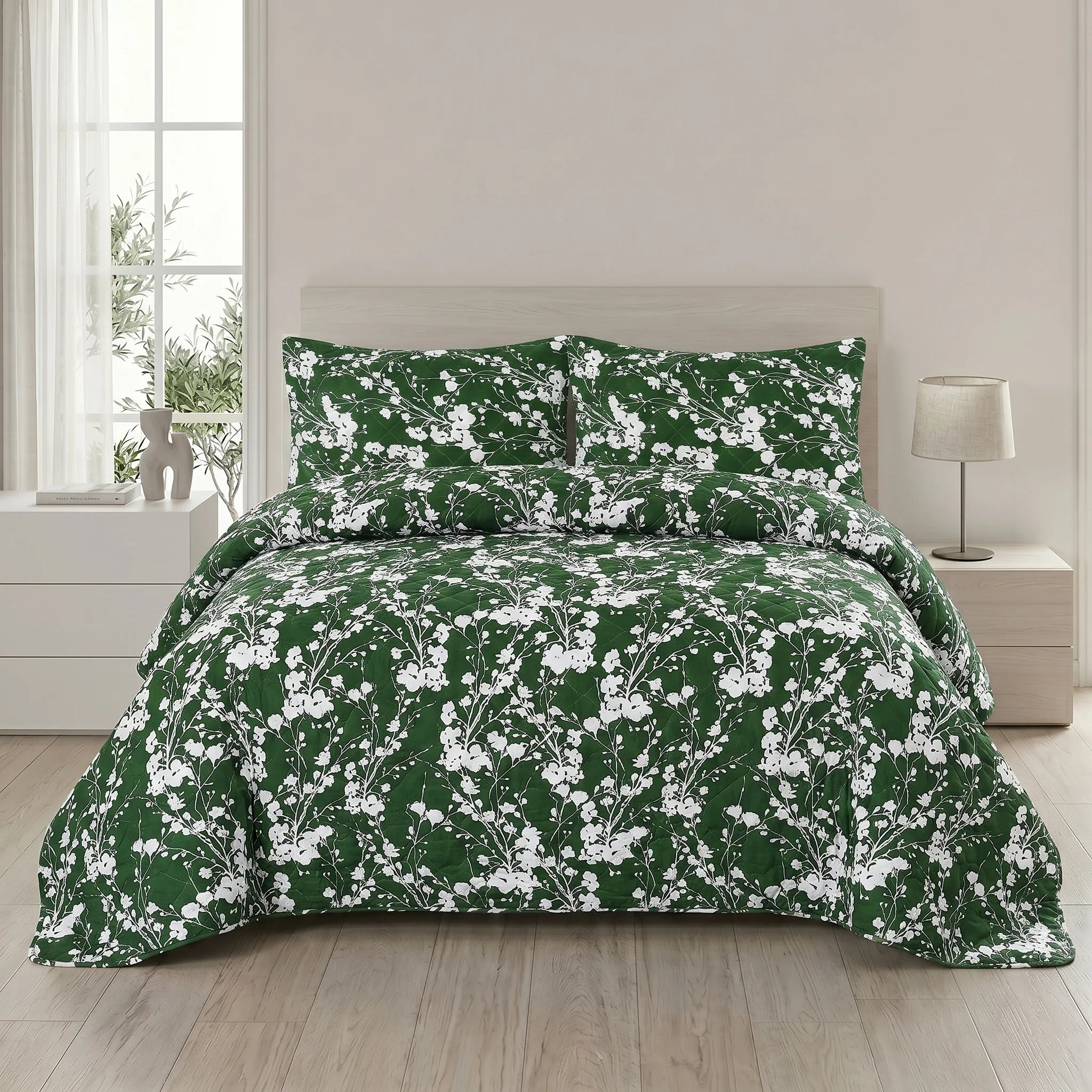 Forest Green Blossom Bed Spread Set — 3 PCS