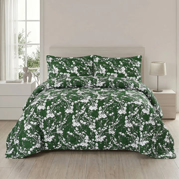Forest Green Blossom Bed Spread Set — 3 PCS