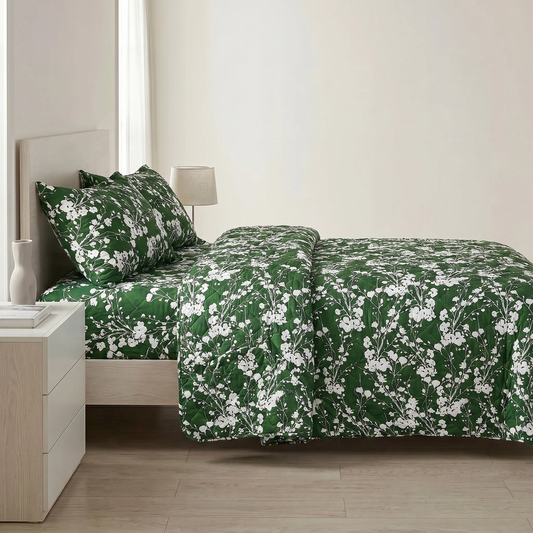 Forest Green Blossom Bed Spread Set — 3 PCS