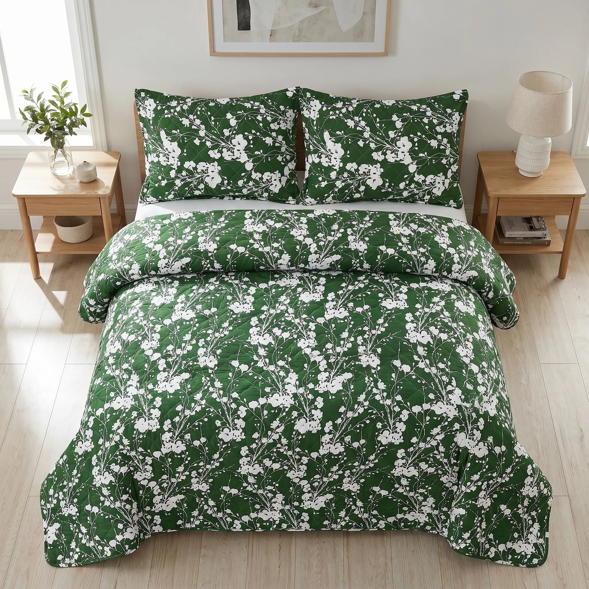 Forest Green Blossom Bed Spread Set — 3 PCS