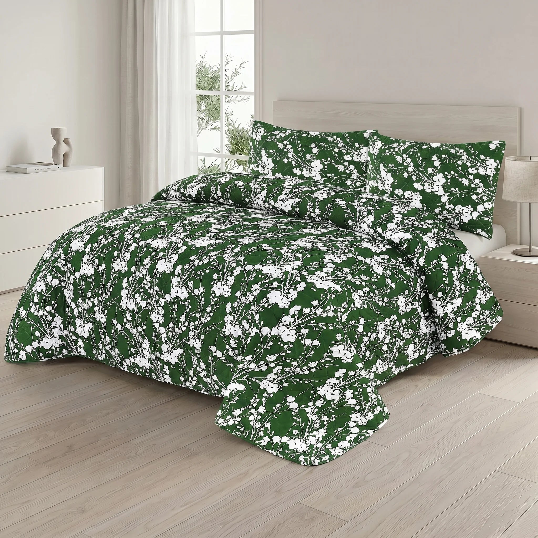Forest Green Blossom Bed Spread Set — 3 PCS