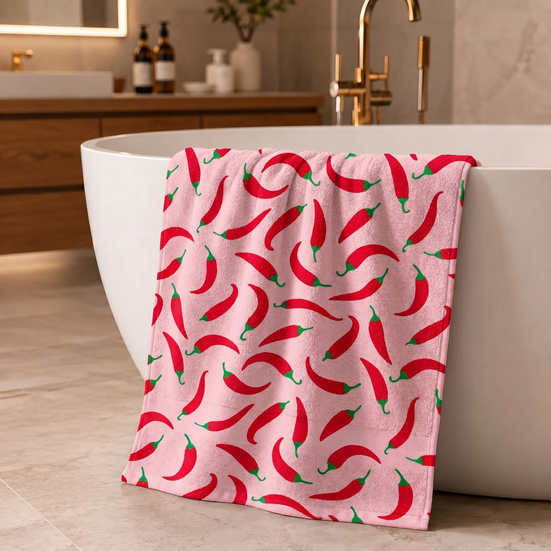 Funky Chili Print Cotton Bath Towel — Pink & Red | 100% Cotton