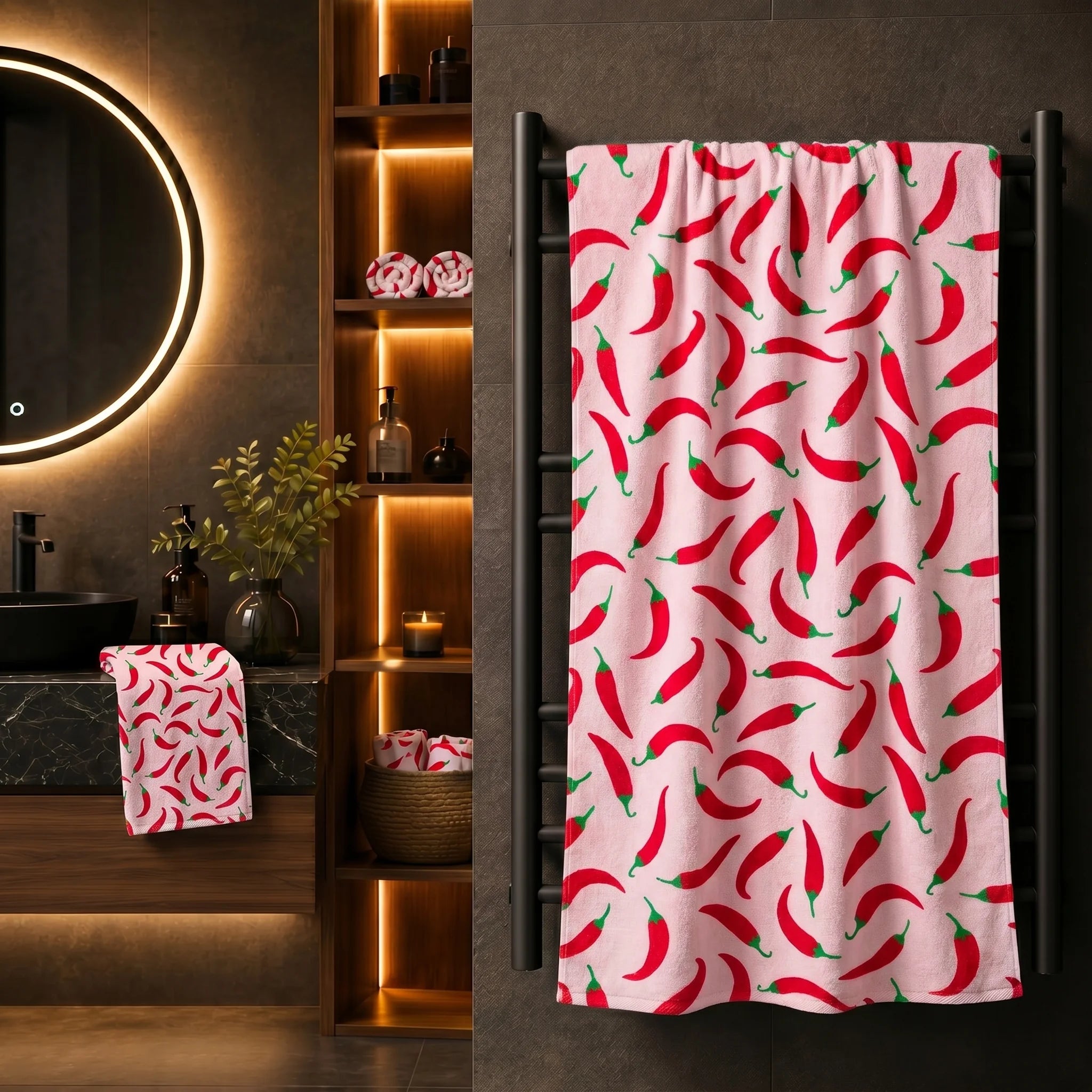 Funky Chili Print Cotton Bath Towel — Pink & Red | 100% Cotton