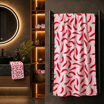 Funky Chili Print Cotton Bath Towel — Pink & Red | 100% Cotton