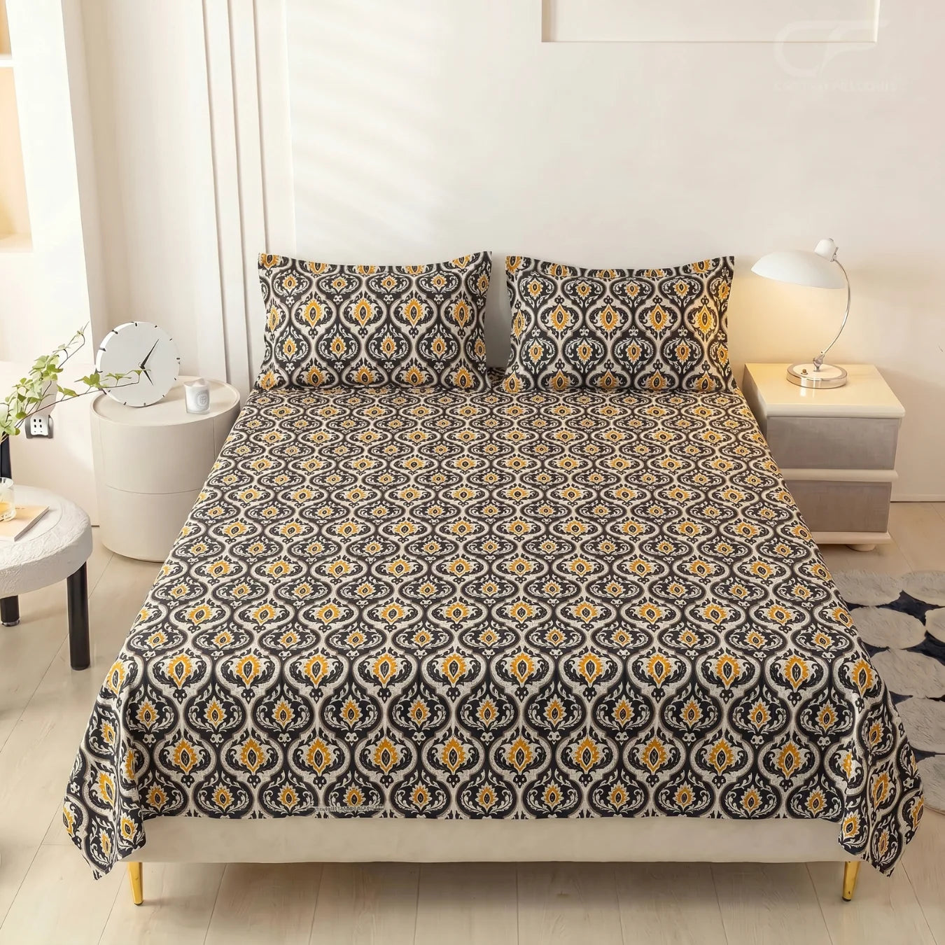 Golden Noir Medallion Printed Bedsheet Set