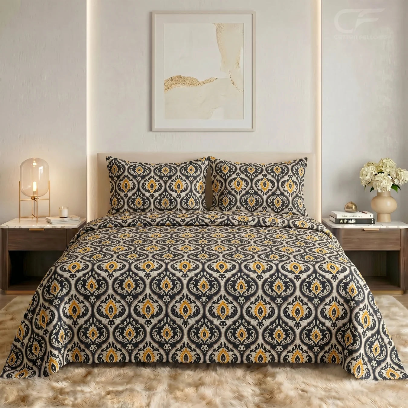 Golden Noir Medallion Printed Bedsheet Set
