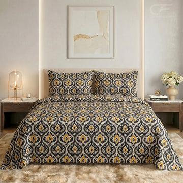 Golden Noir Medallion Printed Bedsheet Set