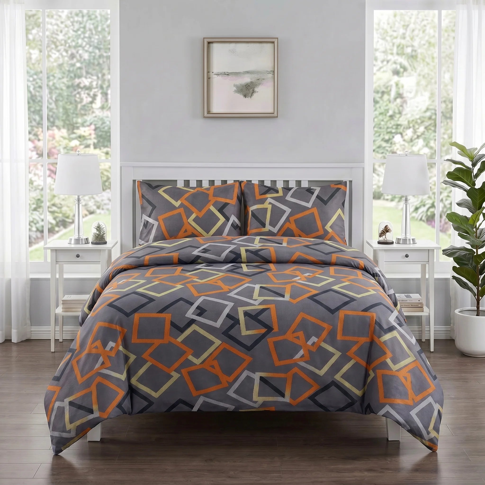 Grey Geometric Squares Duvet Cover Set — Printed