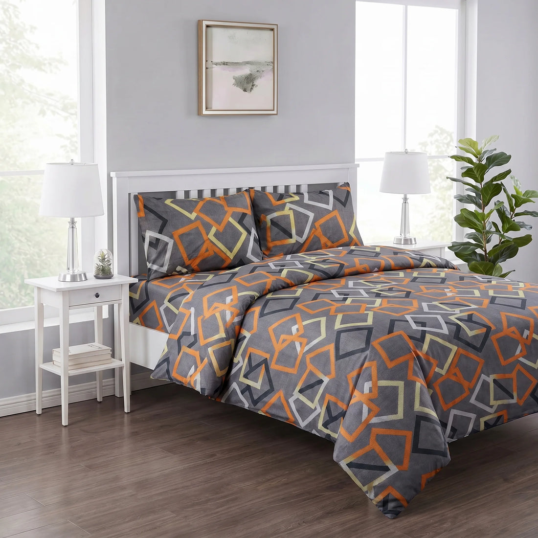 Grey Geometric Squares Duvet Cover Set — Printed