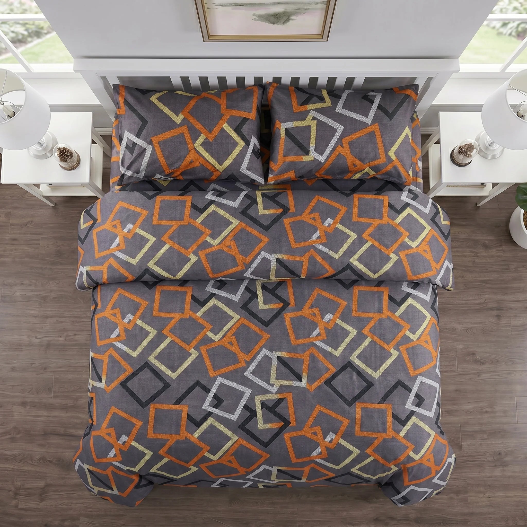 Grey Geometric Squares Duvet Cover Set — Printed