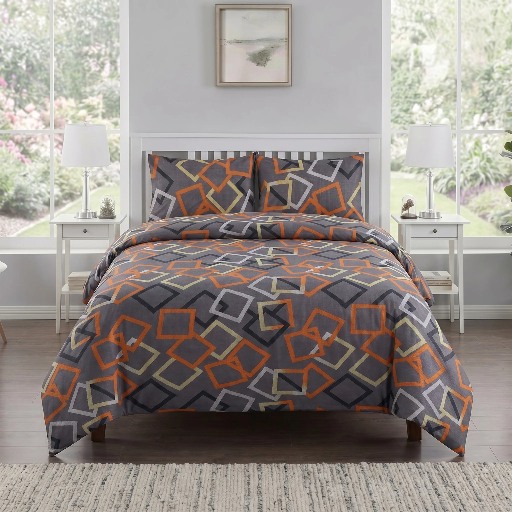 Grey Geometric Squares Duvet Cover Set — Printed