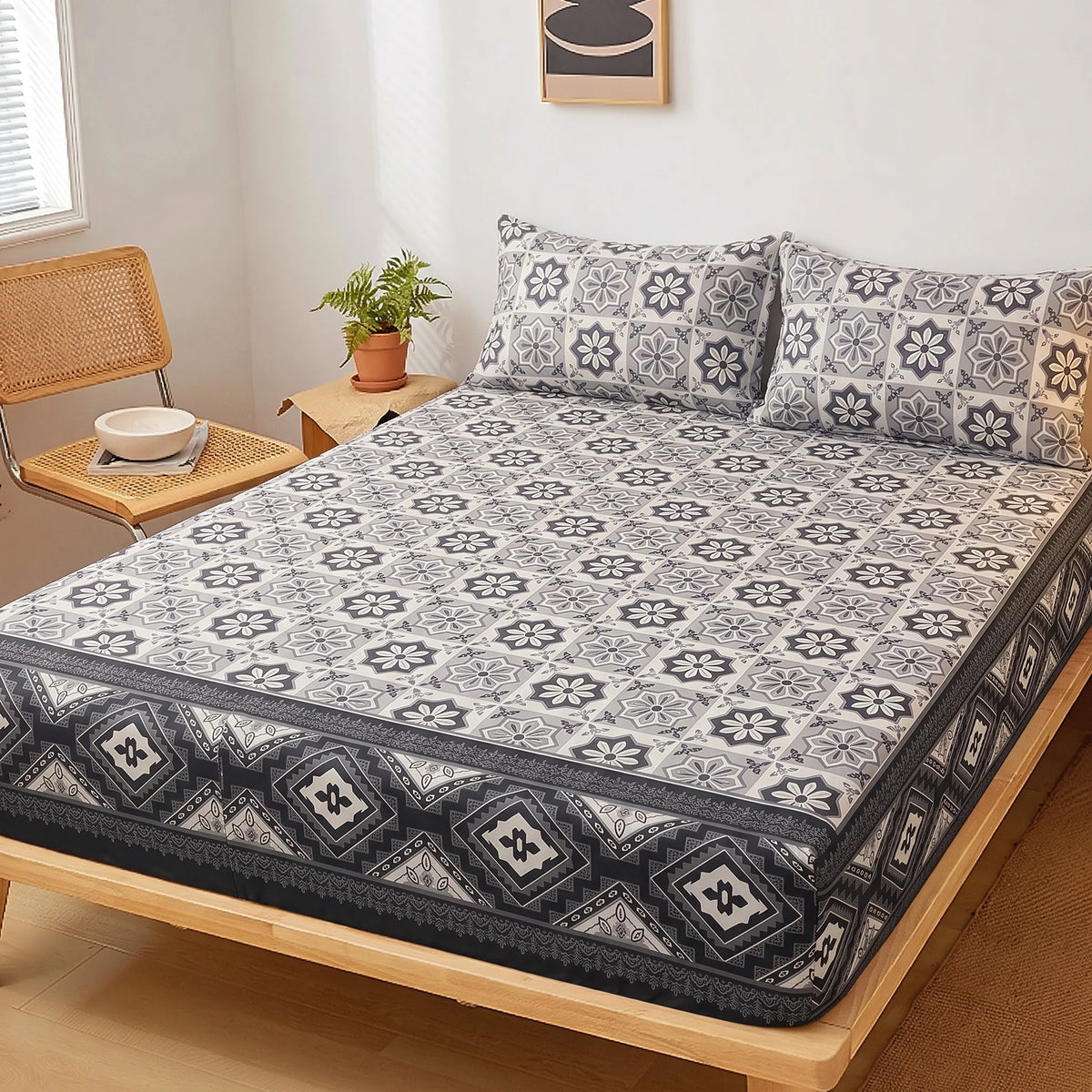 Charcoal Mosaic Fitted Sheet Set  — Pure Cotton