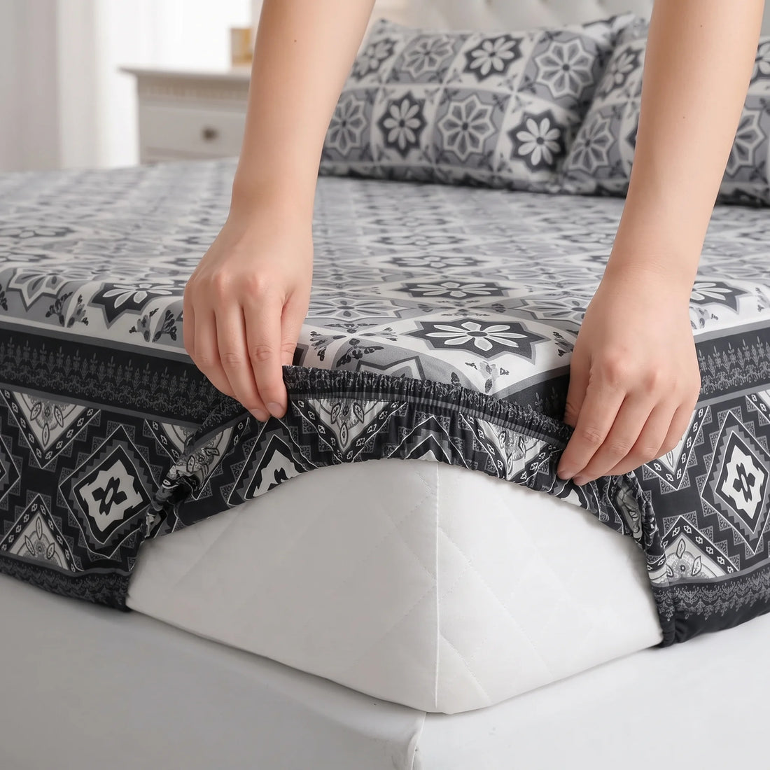 Charcoal Mosaic Fitted Sheet Set  — Pure Cotton