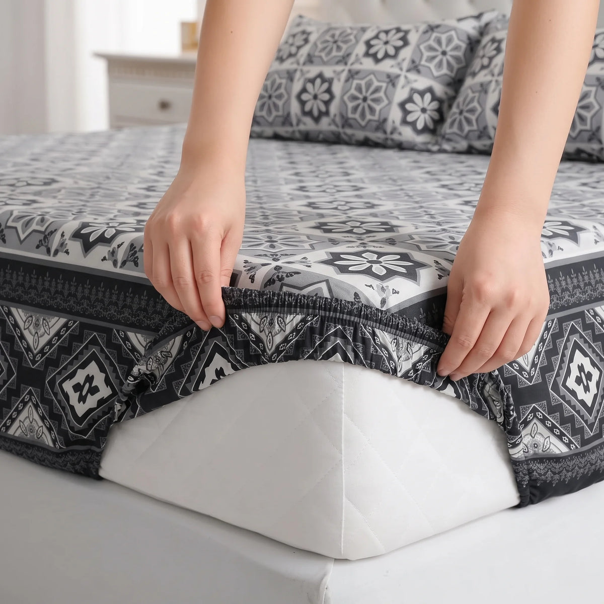 Charcoal Mosaic Fitted Sheet Set  — Pure Cotton