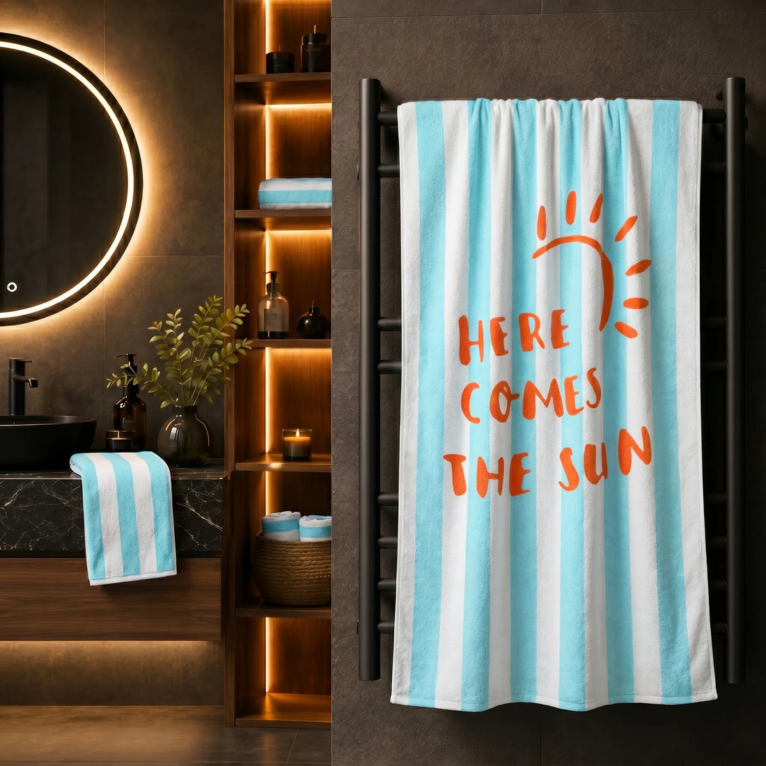 Here Comes The Sun Striped Cotton Bath Towel — Warm Yellow & Aqua Blue | Cotton