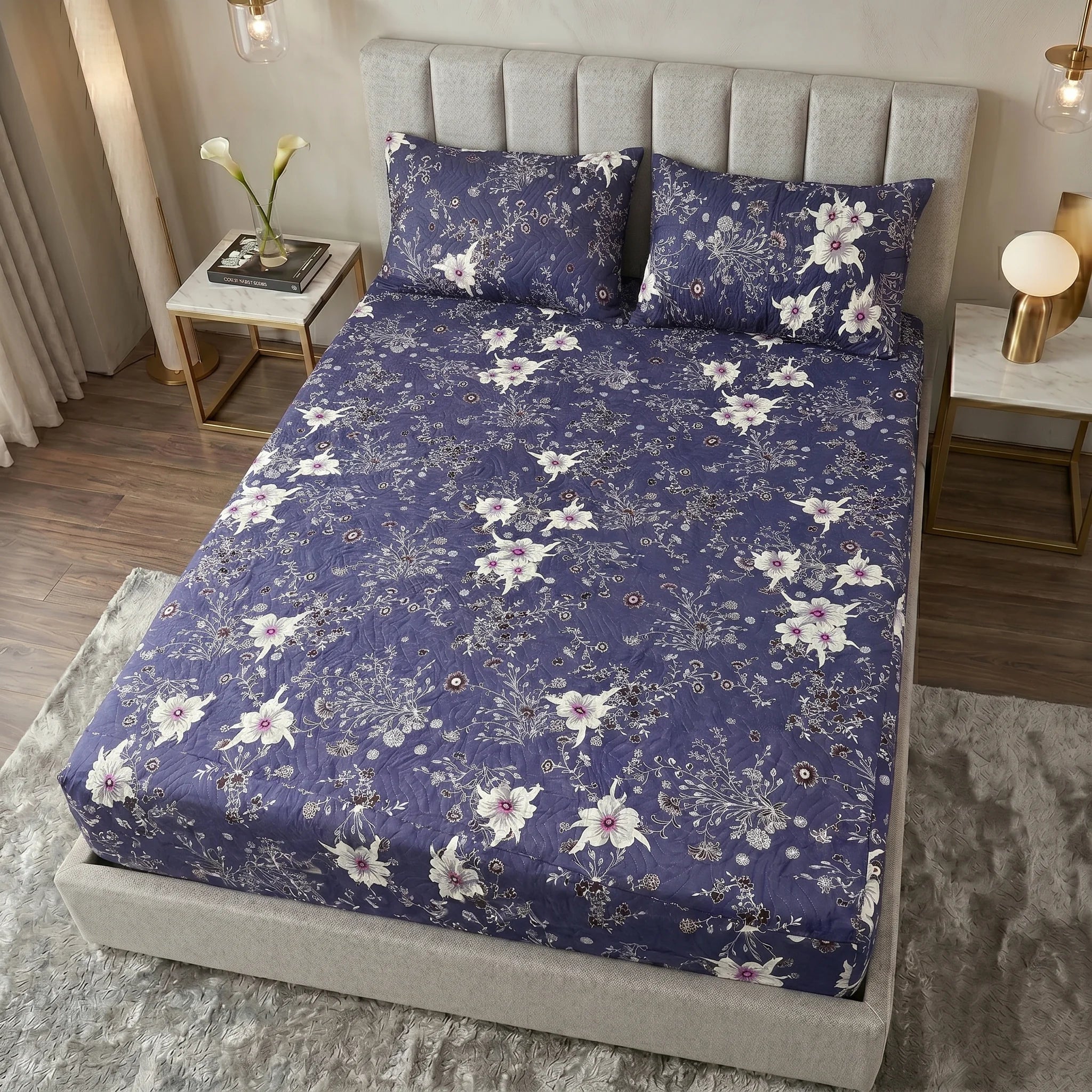 Indigo Floral Waterproof Fitted Sheet Set  — 3 PCs