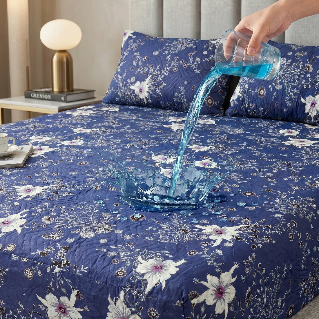 Indigo Floral Waterproof Fitted Sheet Set  — 3 PCs