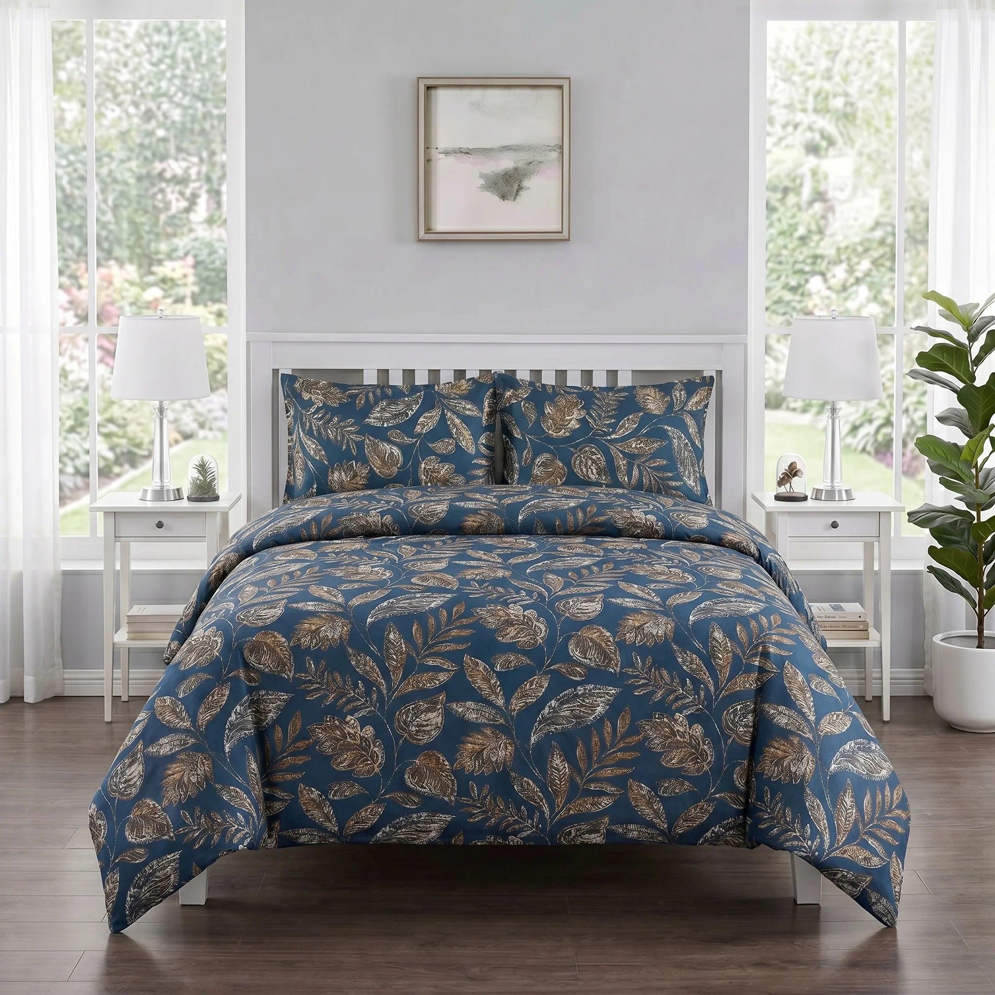 Indigo Botanical Leaf Duvet Cover Set — Printed