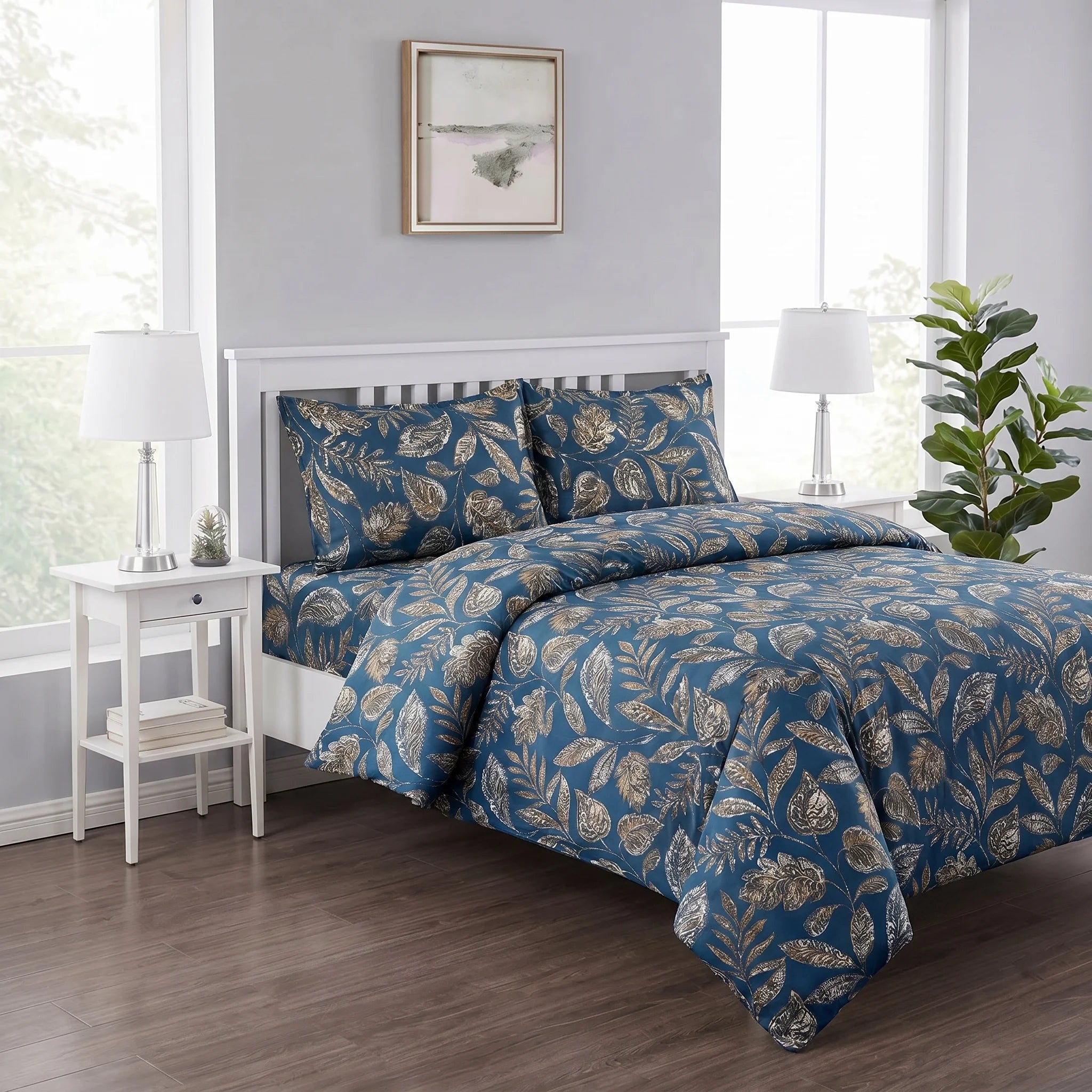 Indigo Botanical Leaf Duvet Cover Set — Printed