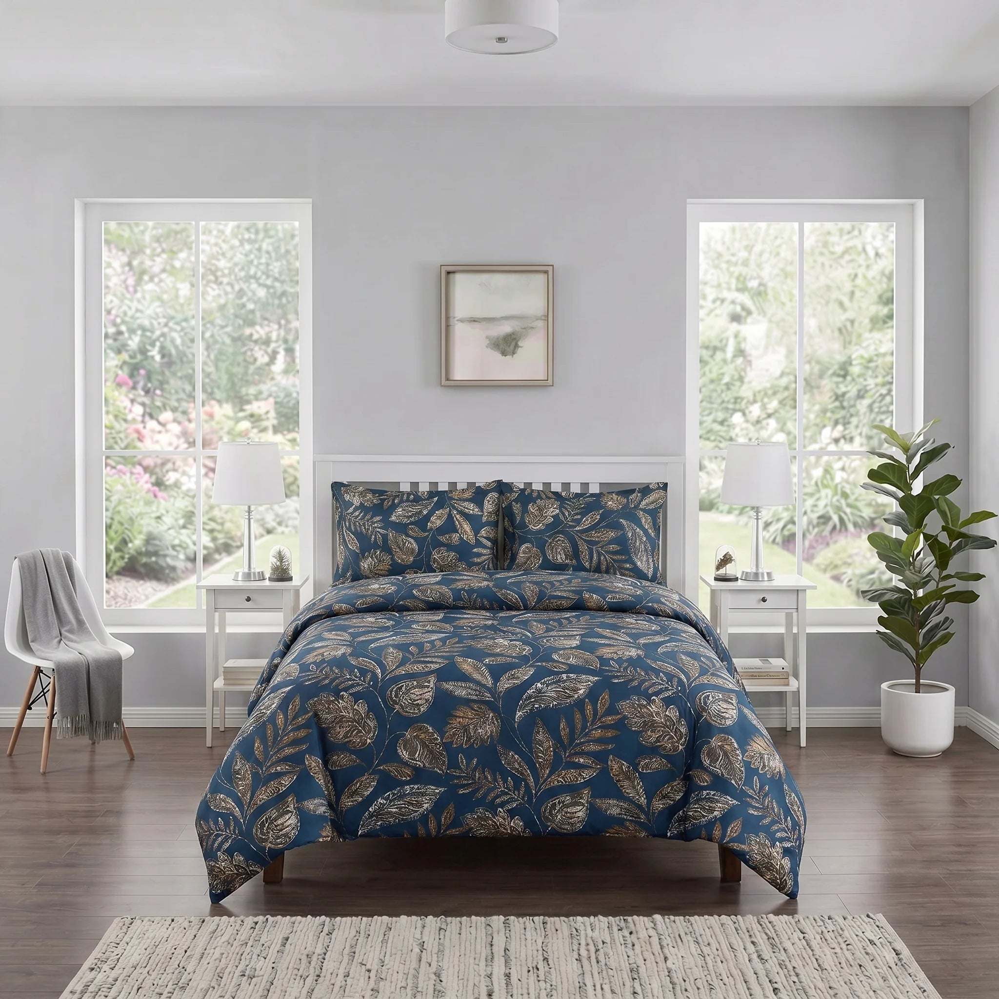 Indigo Botanical Leaf Duvet Cover Set — Printed