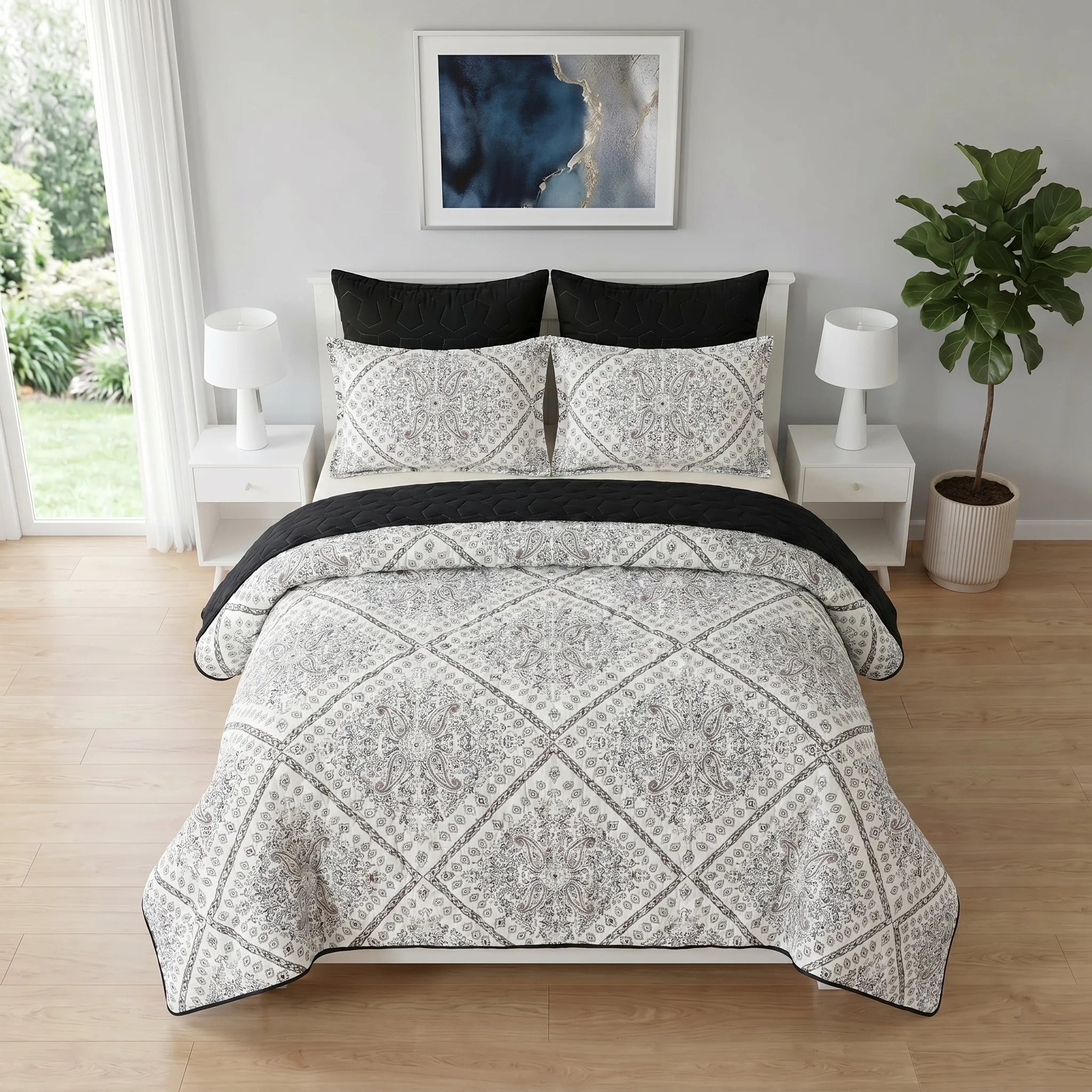 Ivory Paisley Diamond Bed Spread Set — 6 PCS