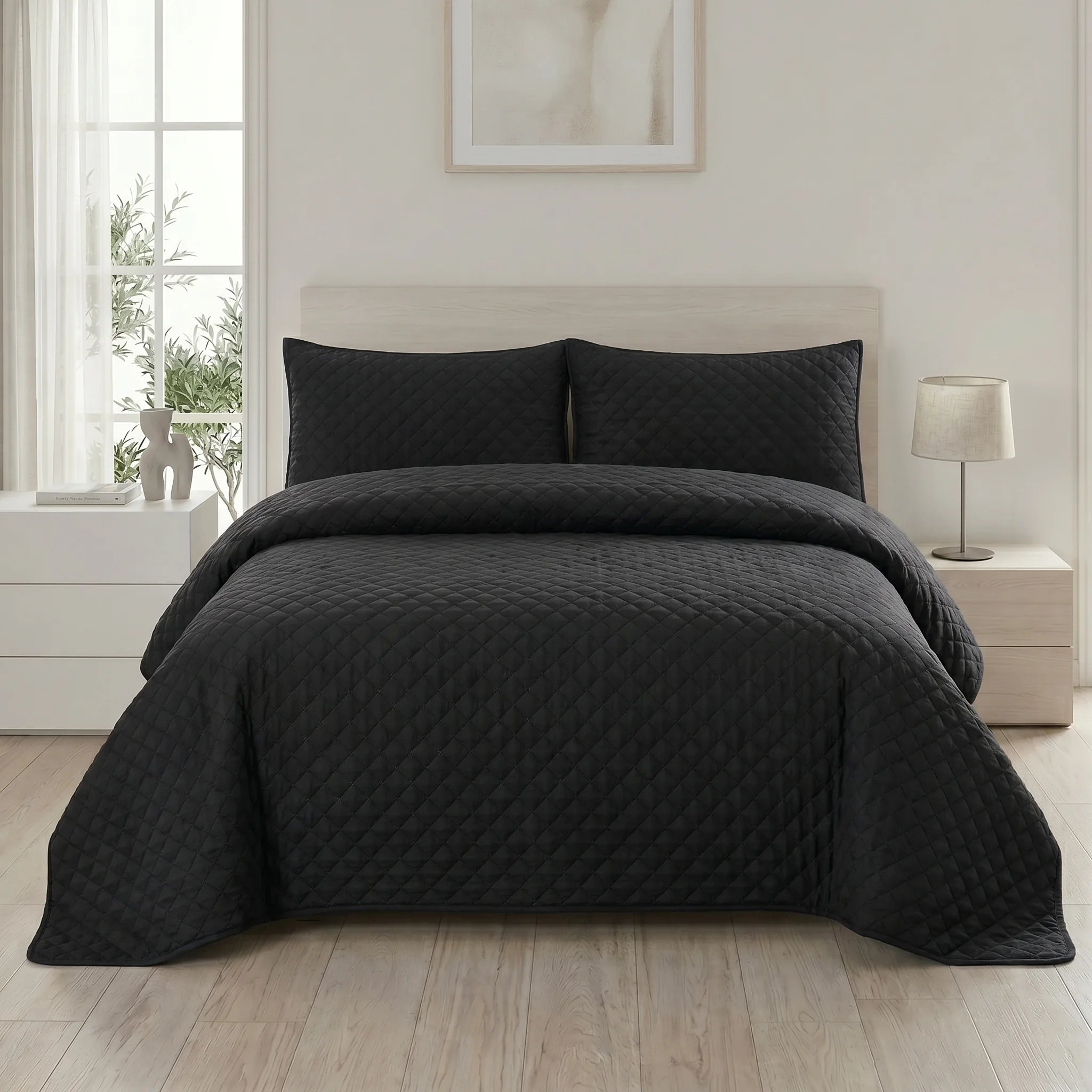 Jet Black Bed Bed Spread Set — 3 PCS | Dyed