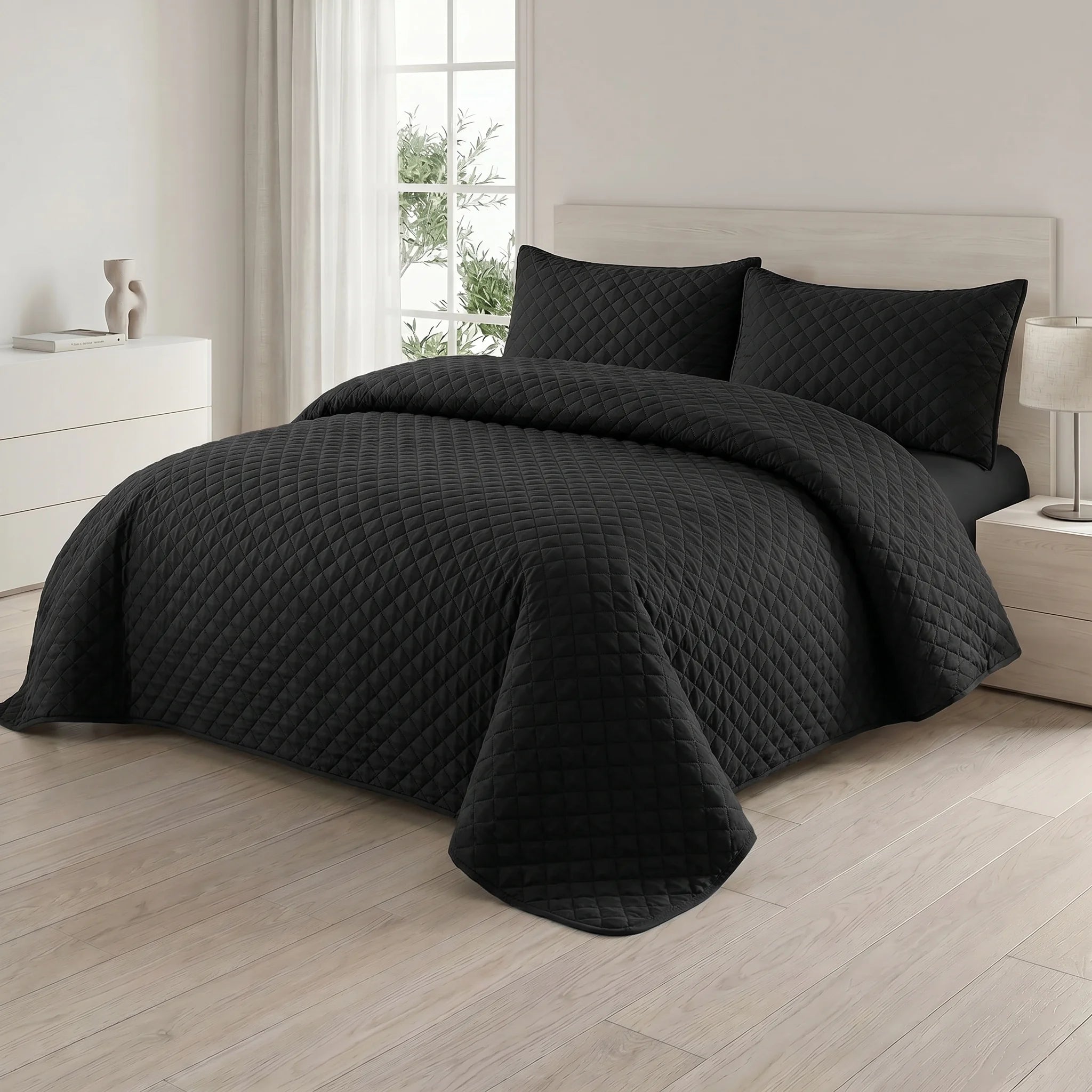 Jet Black Bed Bed Spread Set — 3 PCS | Dyed