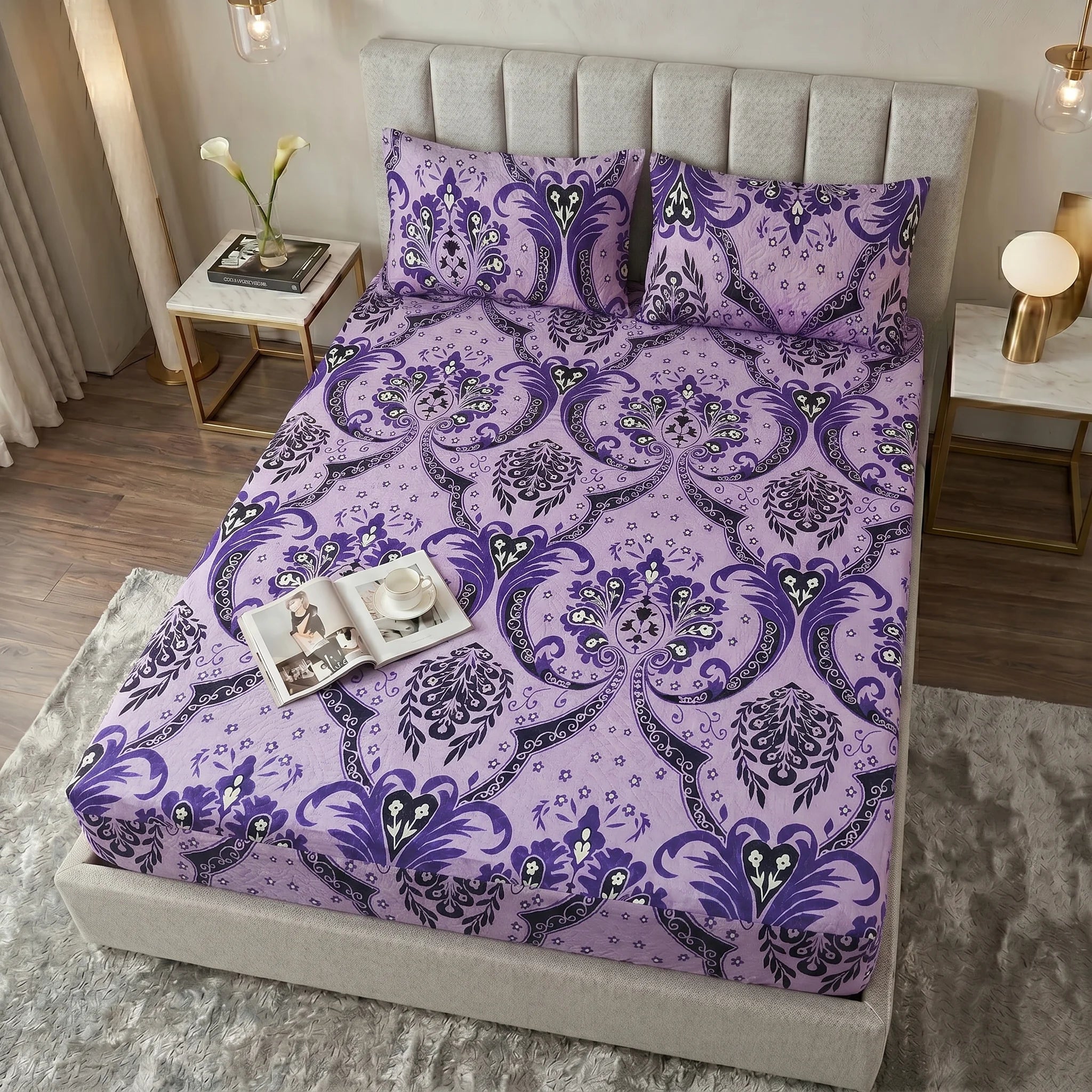 Lavender Damask Printed Waterproof Fitted Sheet Set  — 3 PCs