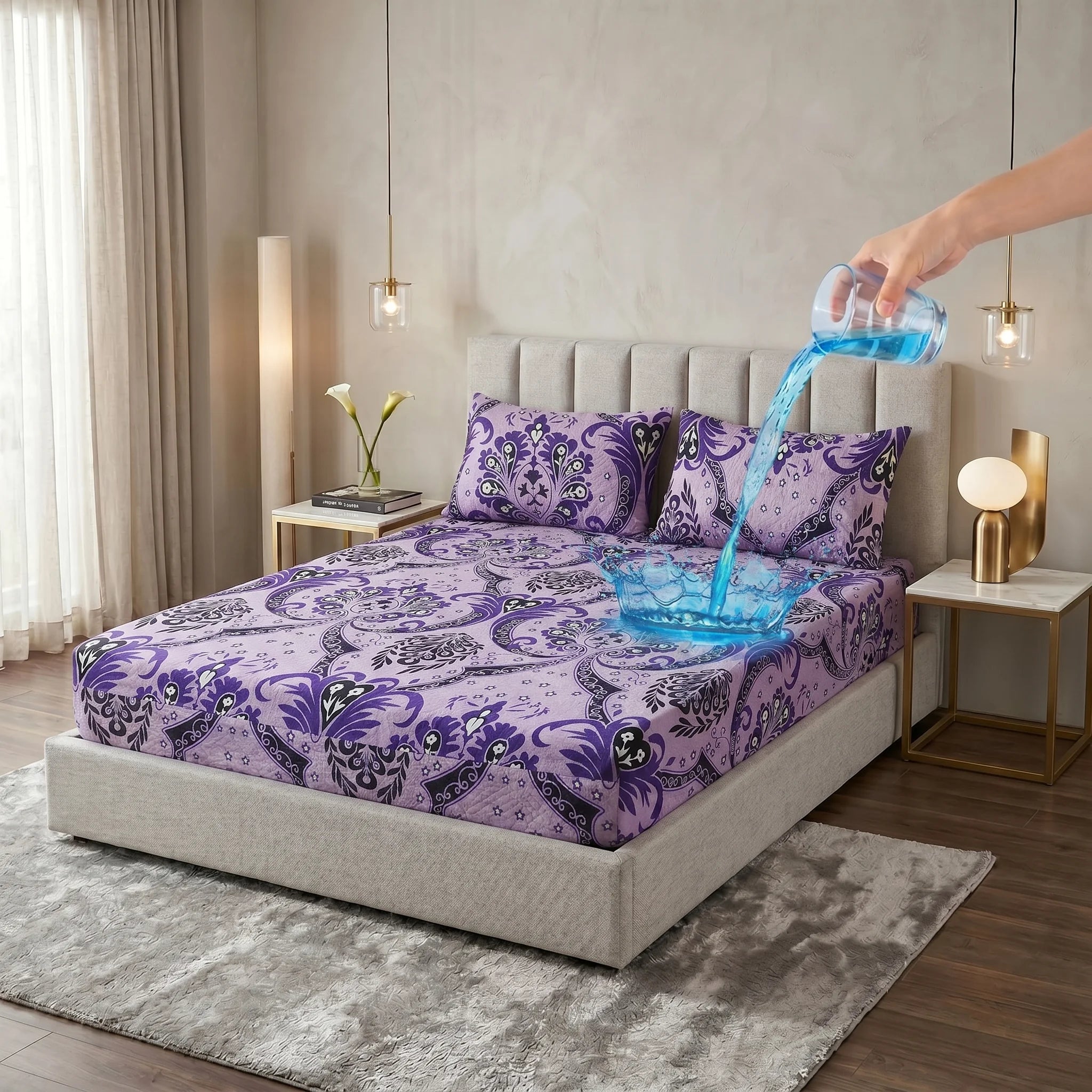 Lavender Damask Printed Waterproof Fitted Sheet Set  — 3 PCs