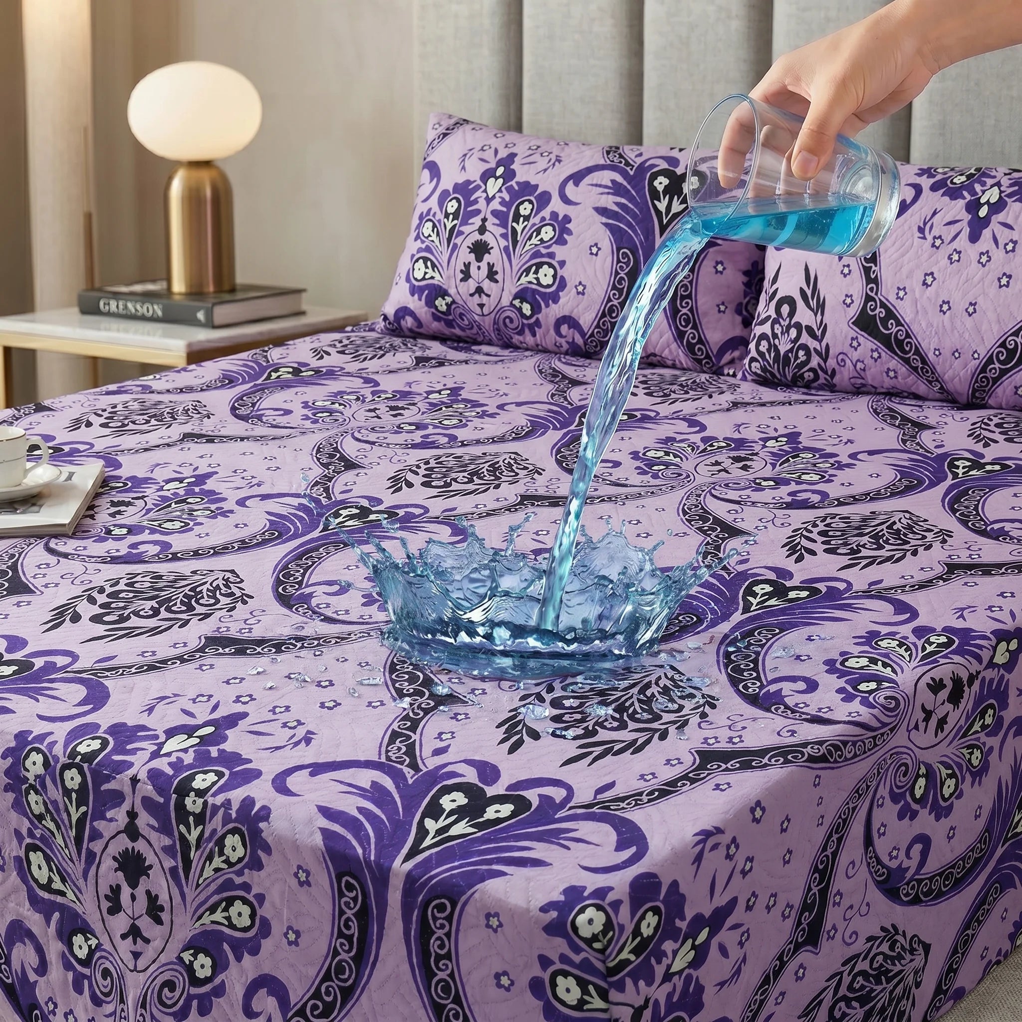 Lavender Damask Printed Waterproof Fitted Sheet Set  — 3 PCs