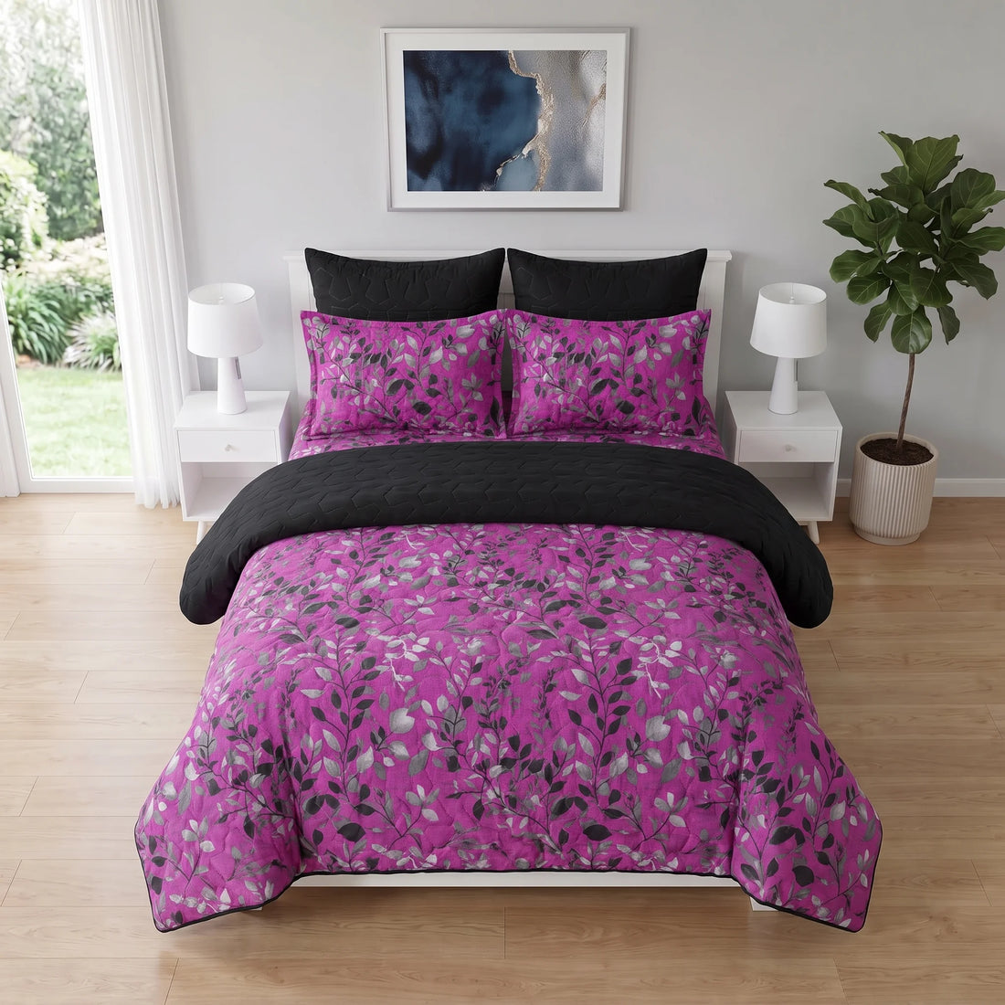 Magenta Botanical Bed Spread Set | 6 PCS