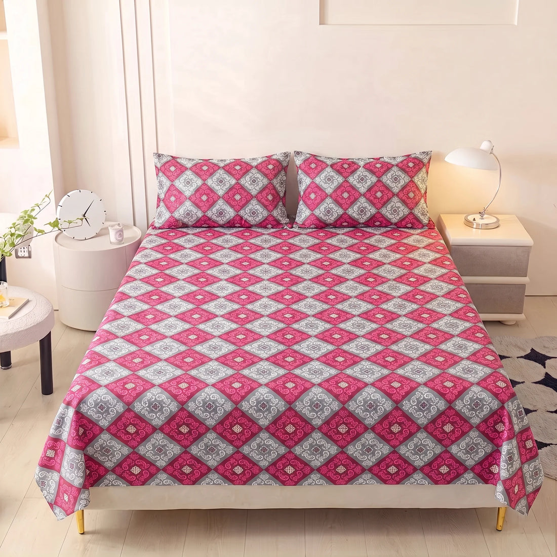 Magenta Damask Lattice Pure Cotton Bedsheet Set — 3 PCS