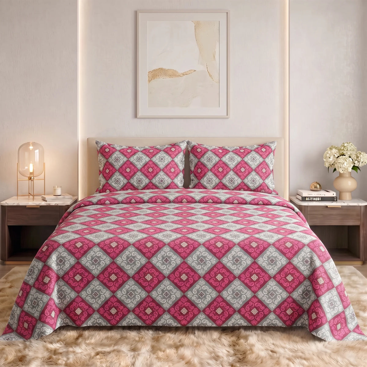 Magenta Damask Lattice Pure Cotton Bedsheet Set — 3 PCS