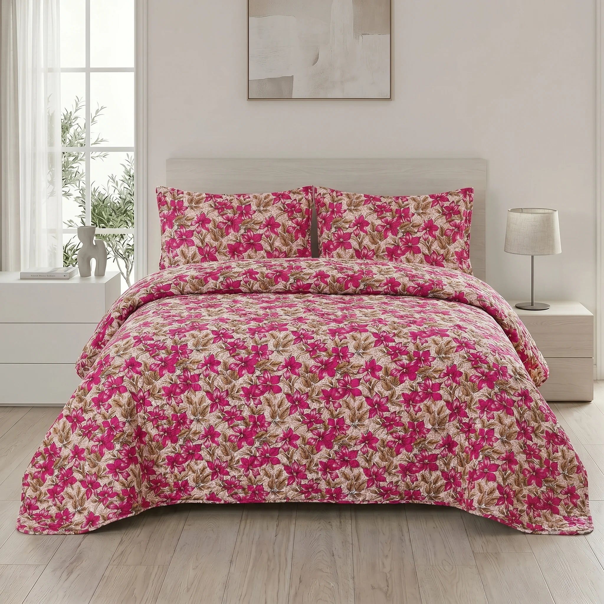 Magenta Floral Bed Spread Set — 3 PCS
