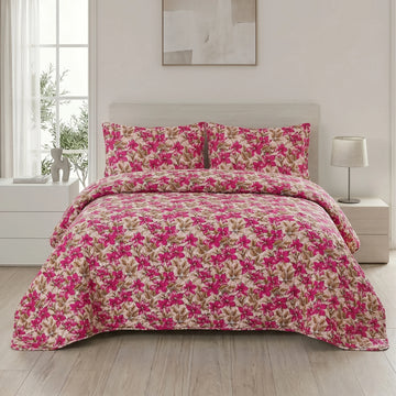Magenta Floral Bed Spread Set — 3 PCS