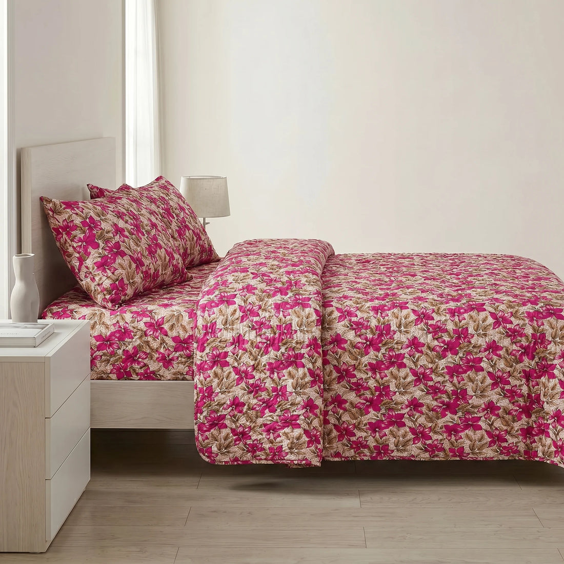 Magenta Floral Bed Spread Set — 3 PCS