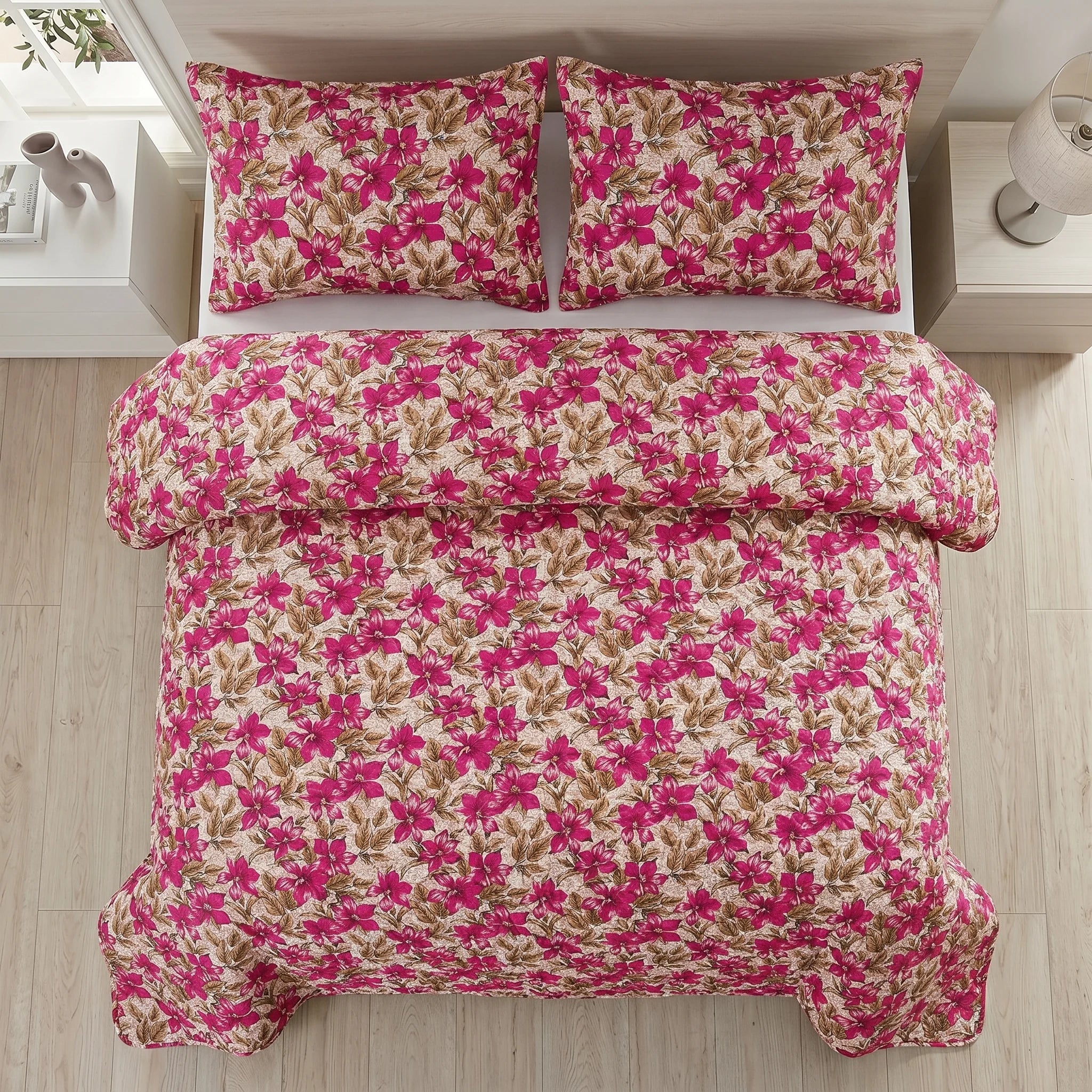 Magenta Floral Bed Spread Set — 3 PCS