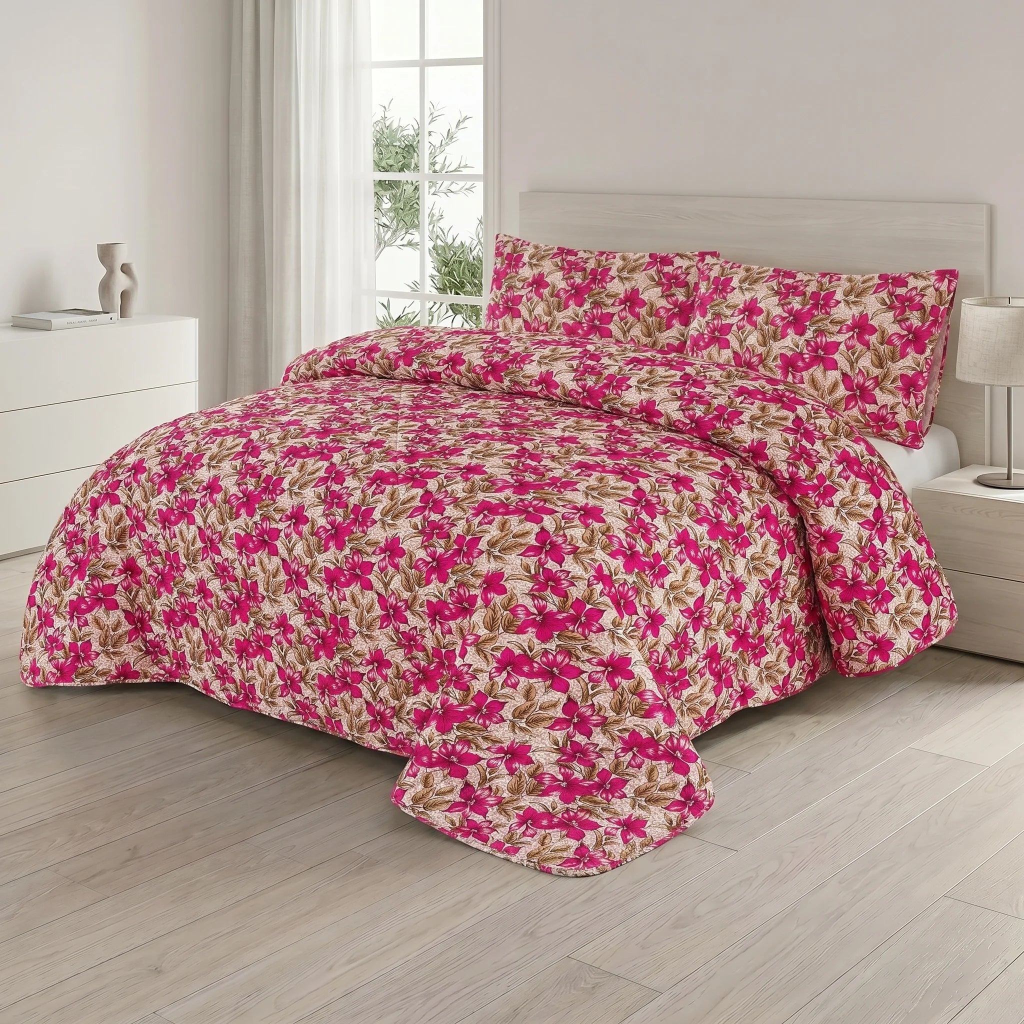 Magenta Floral Bed Spread Set — 3 PCS