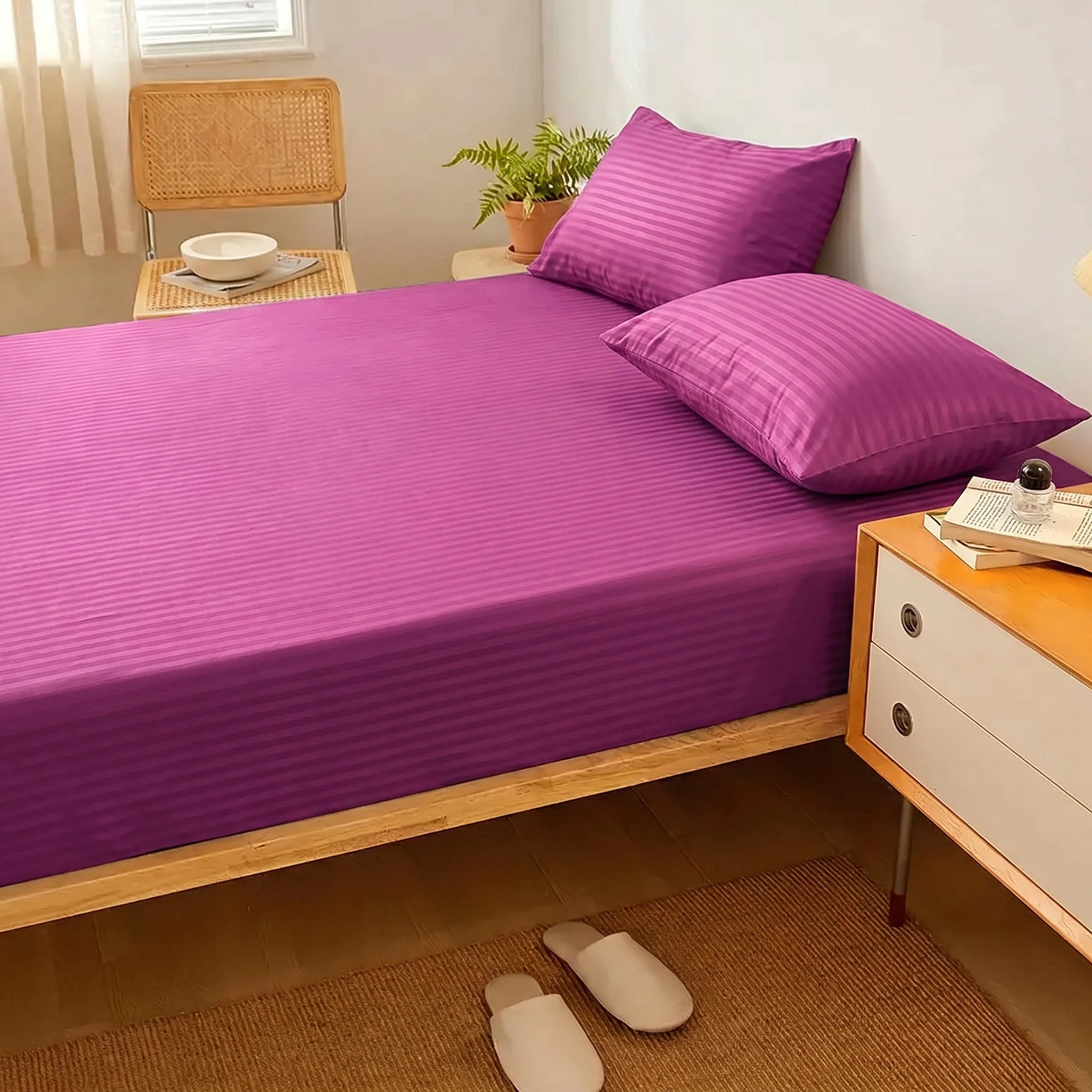 Magenta Orchid Dyed Stripe Fitted Sheet Set