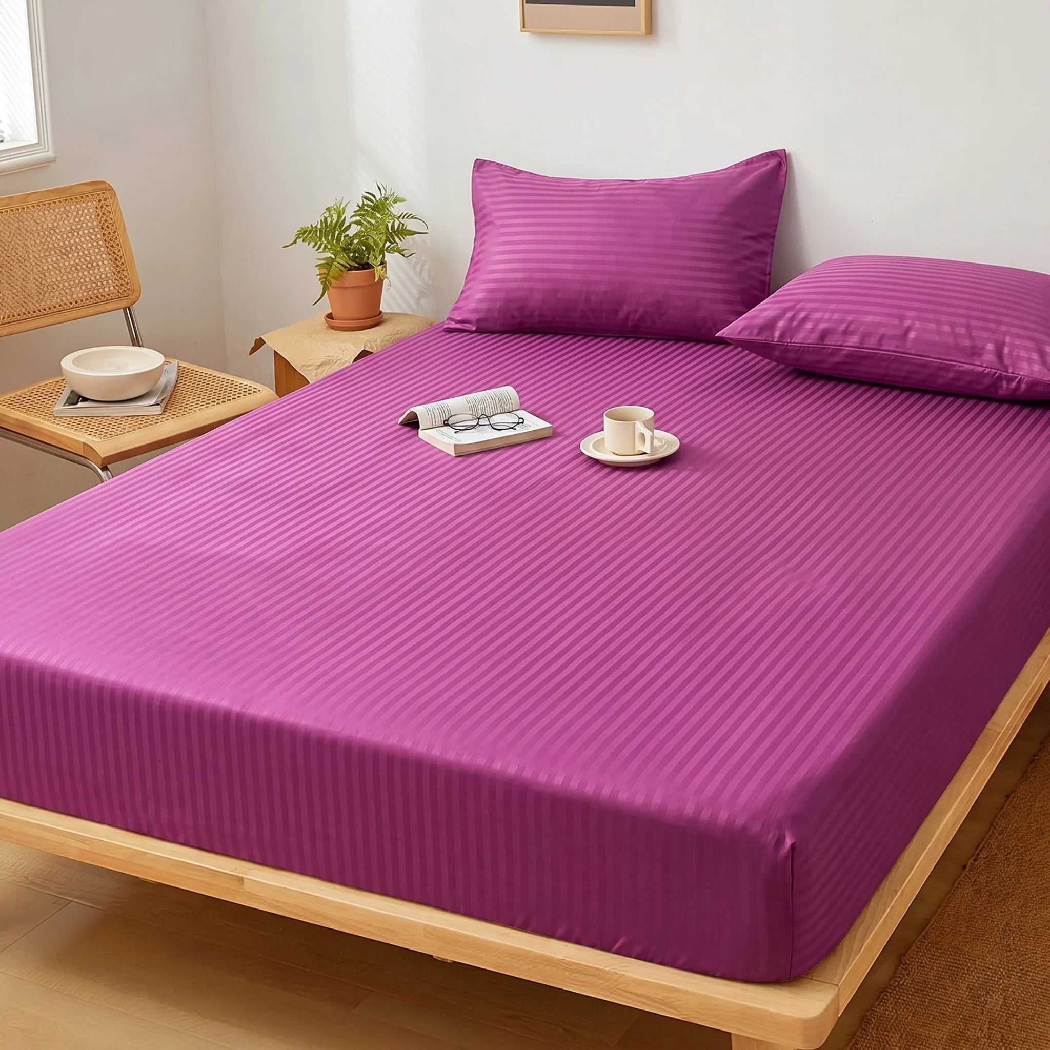 Magenta Orchid Dyed Stripe Fitted Sheet Set