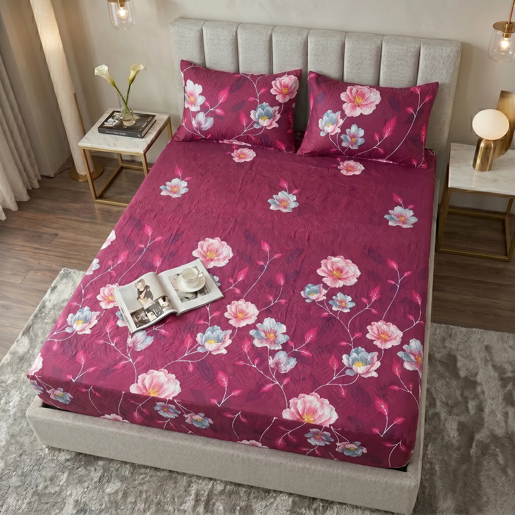 Magenta Plum Floral Waterproof Fitted Sheet Set  — 3 PCs