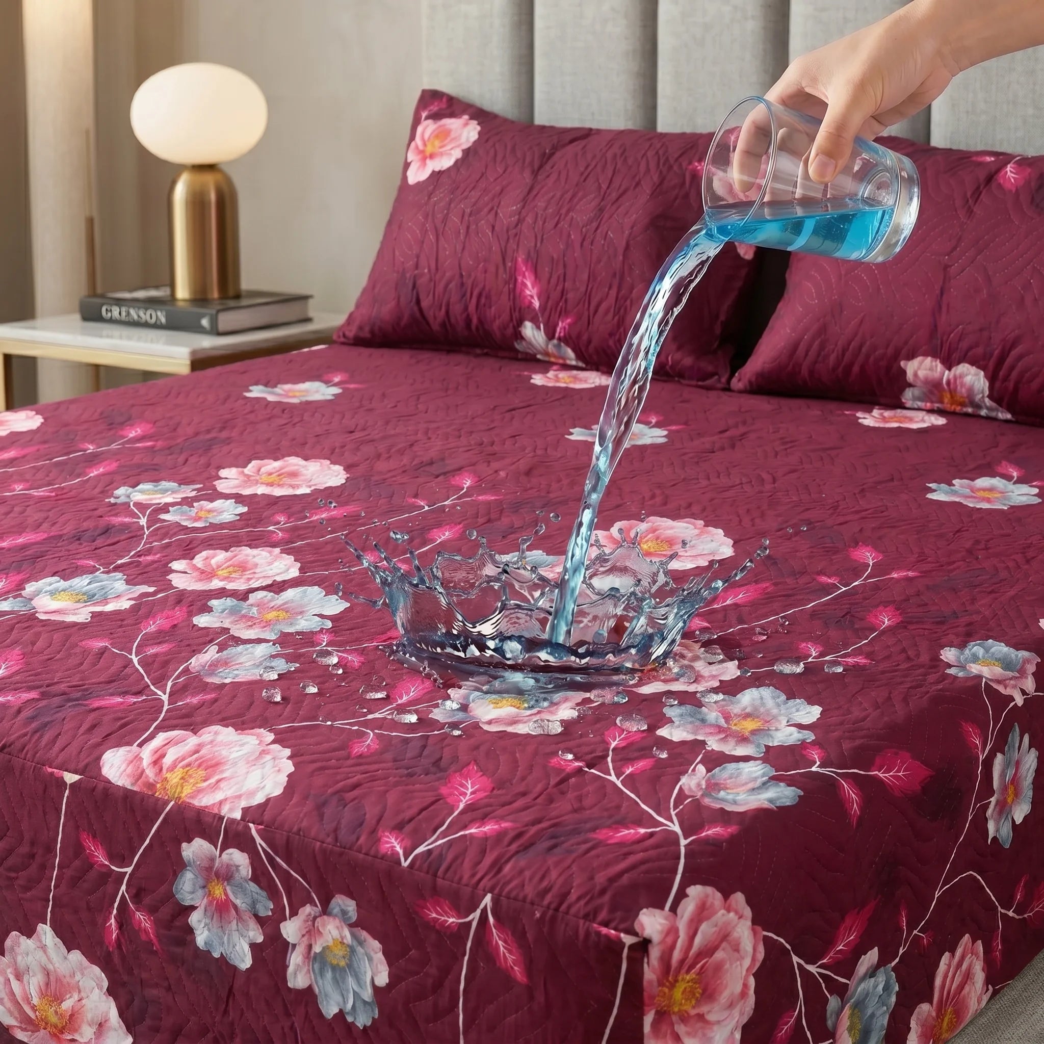 Magenta Plum Floral Waterproof Fitted Sheet Set  — 3 PCs