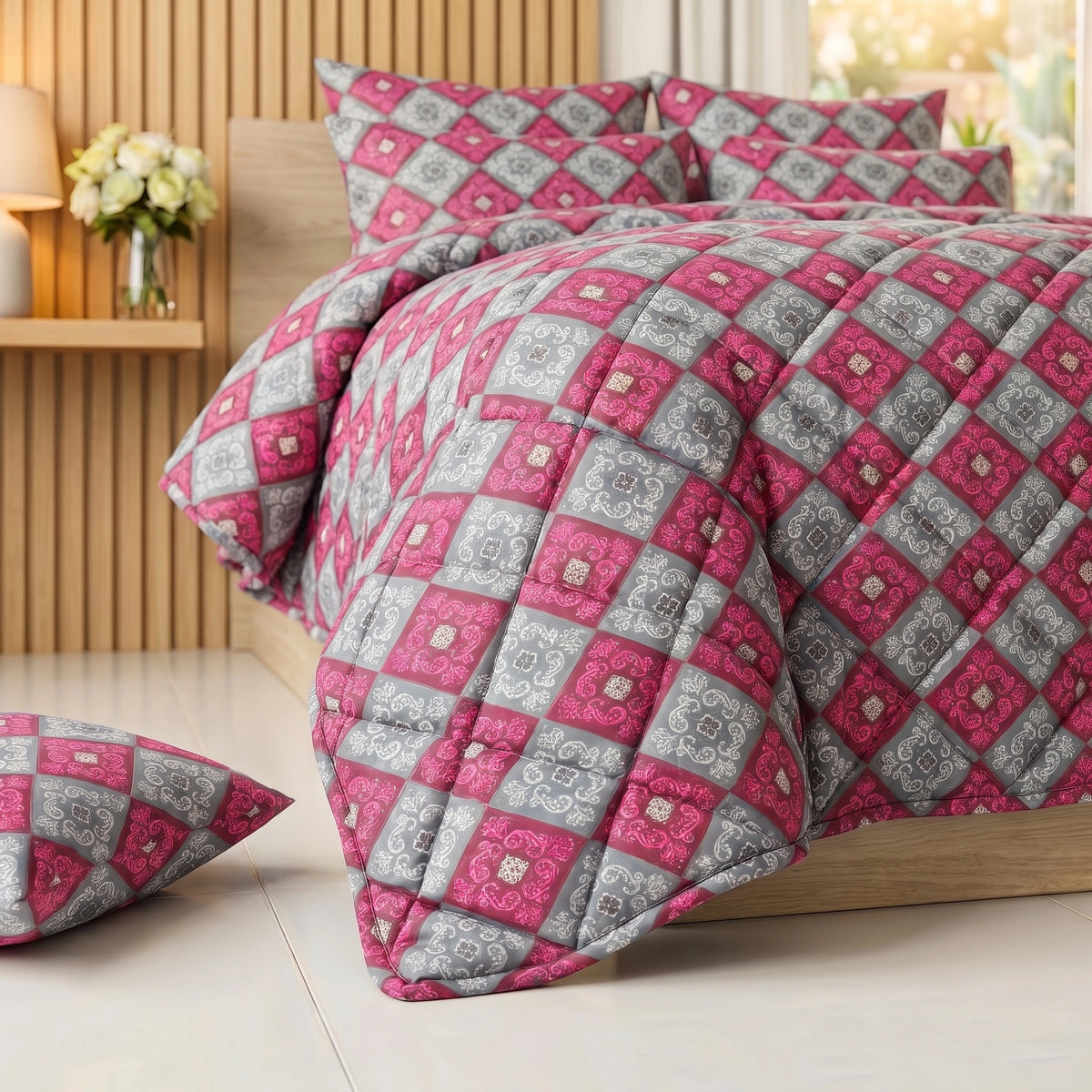 Magenta & Grey Damask Diamond Comforter Set — 8 PCS