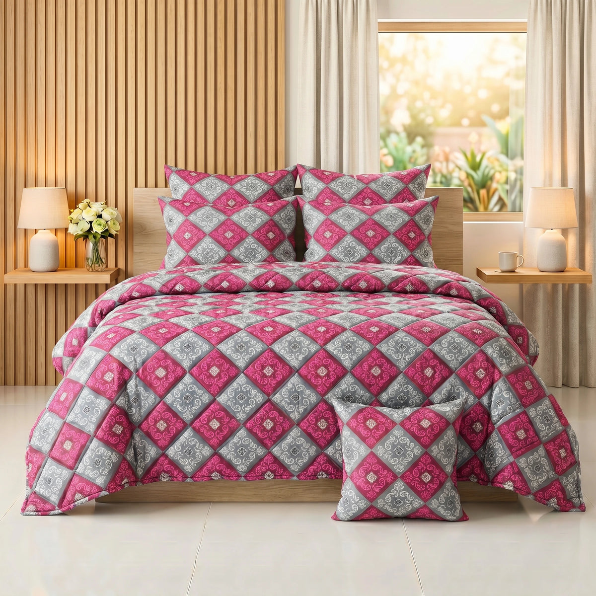 Magenta & Grey Damask Diamond Comforter Set — 8 PCS