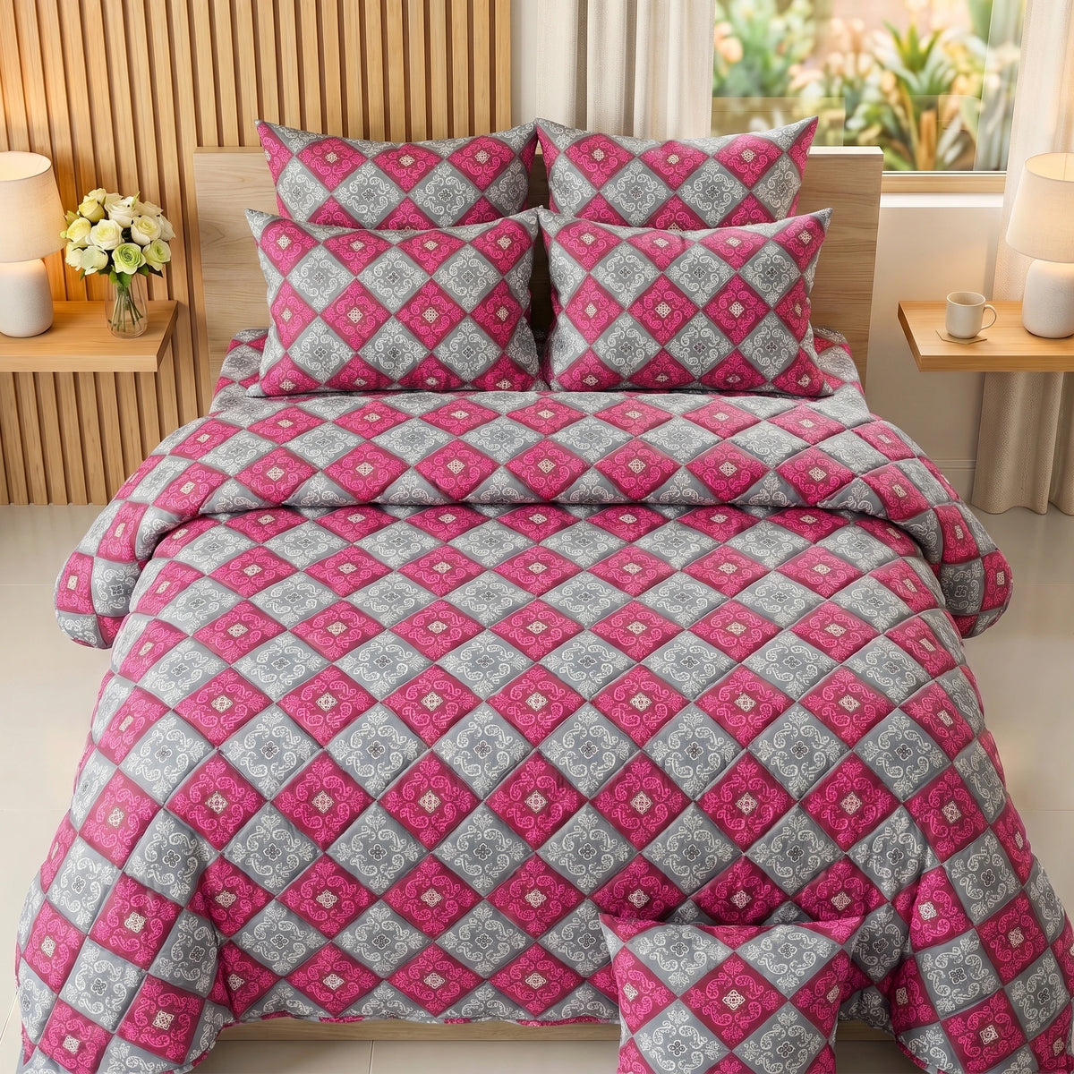 Magenta & Grey Damask Diamond Comforter Set — 8 PCS