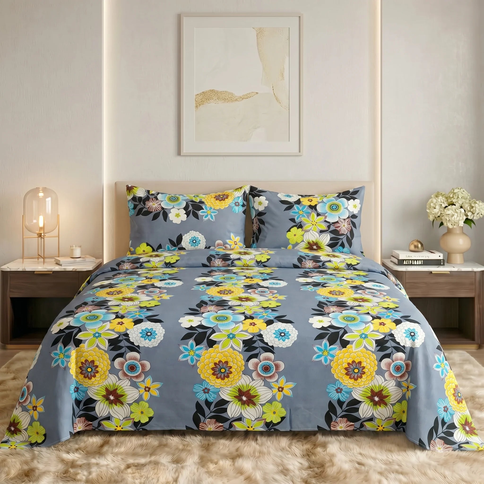 Marigold & Azure Bloom Premium Bedsheet