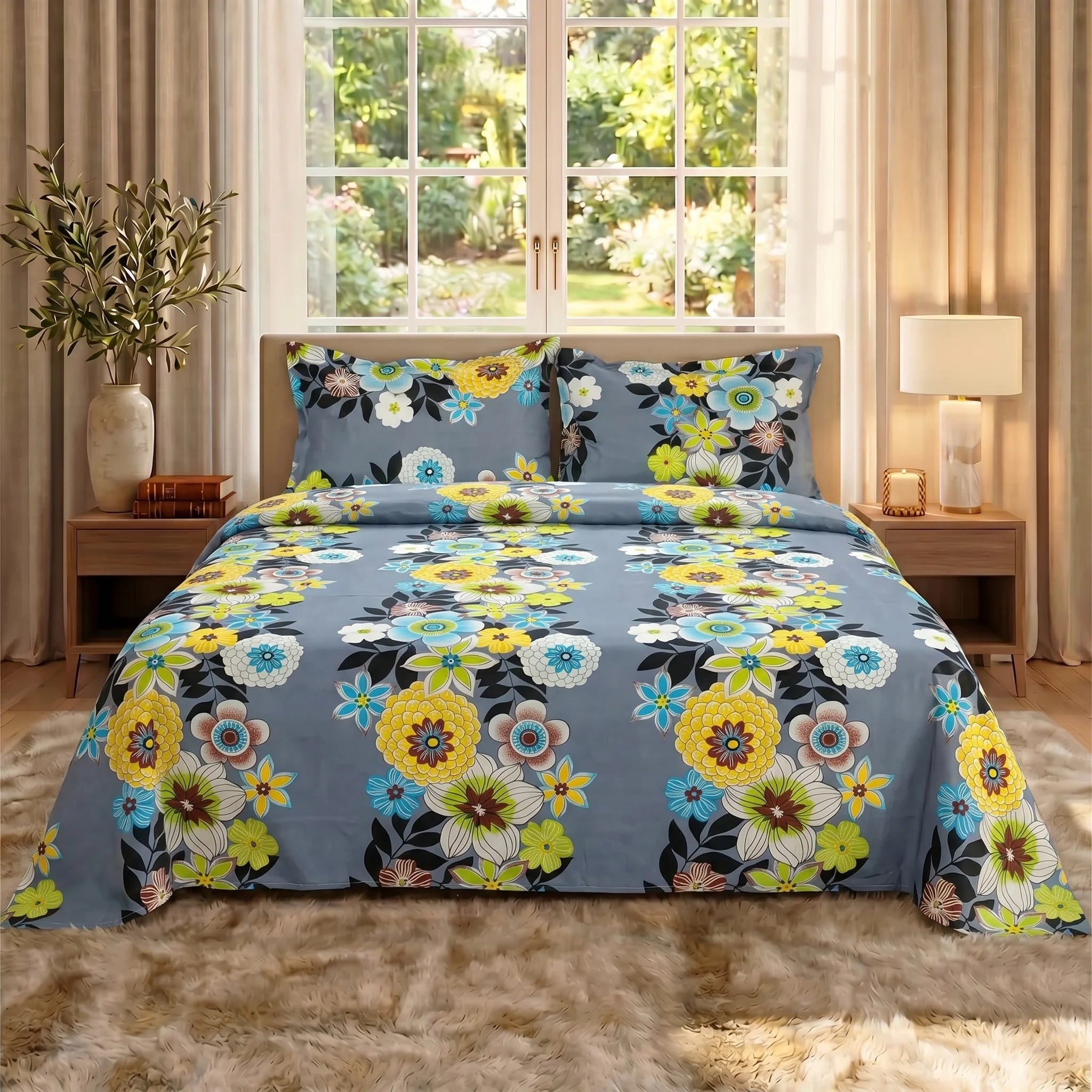 Marigold & Azure Bloom Premium Bedsheet